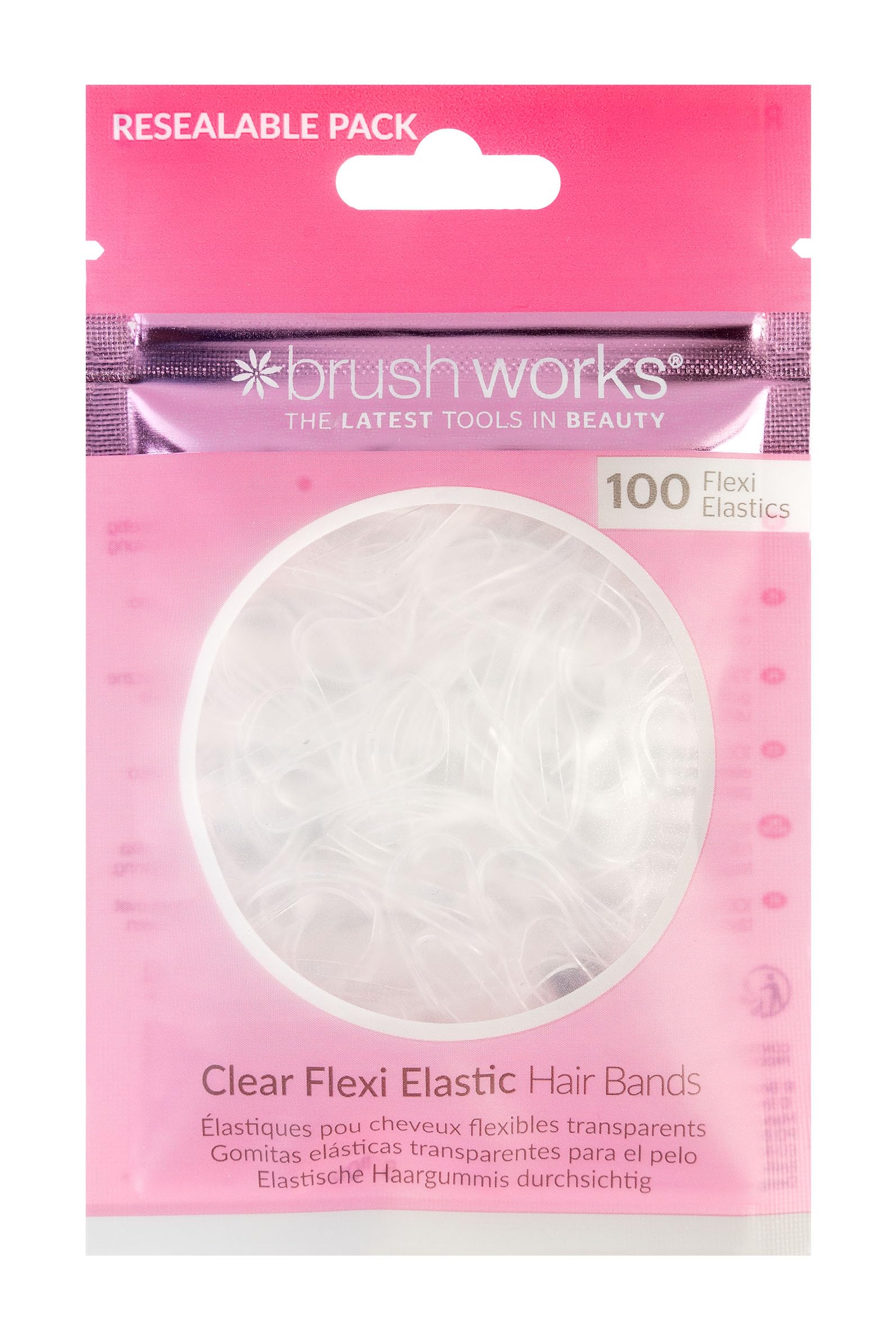 Brushworks 100-Pack Clear Flexi Elastic Hair Bands - Ultra-Thin Stretch Ties for All Hair Types