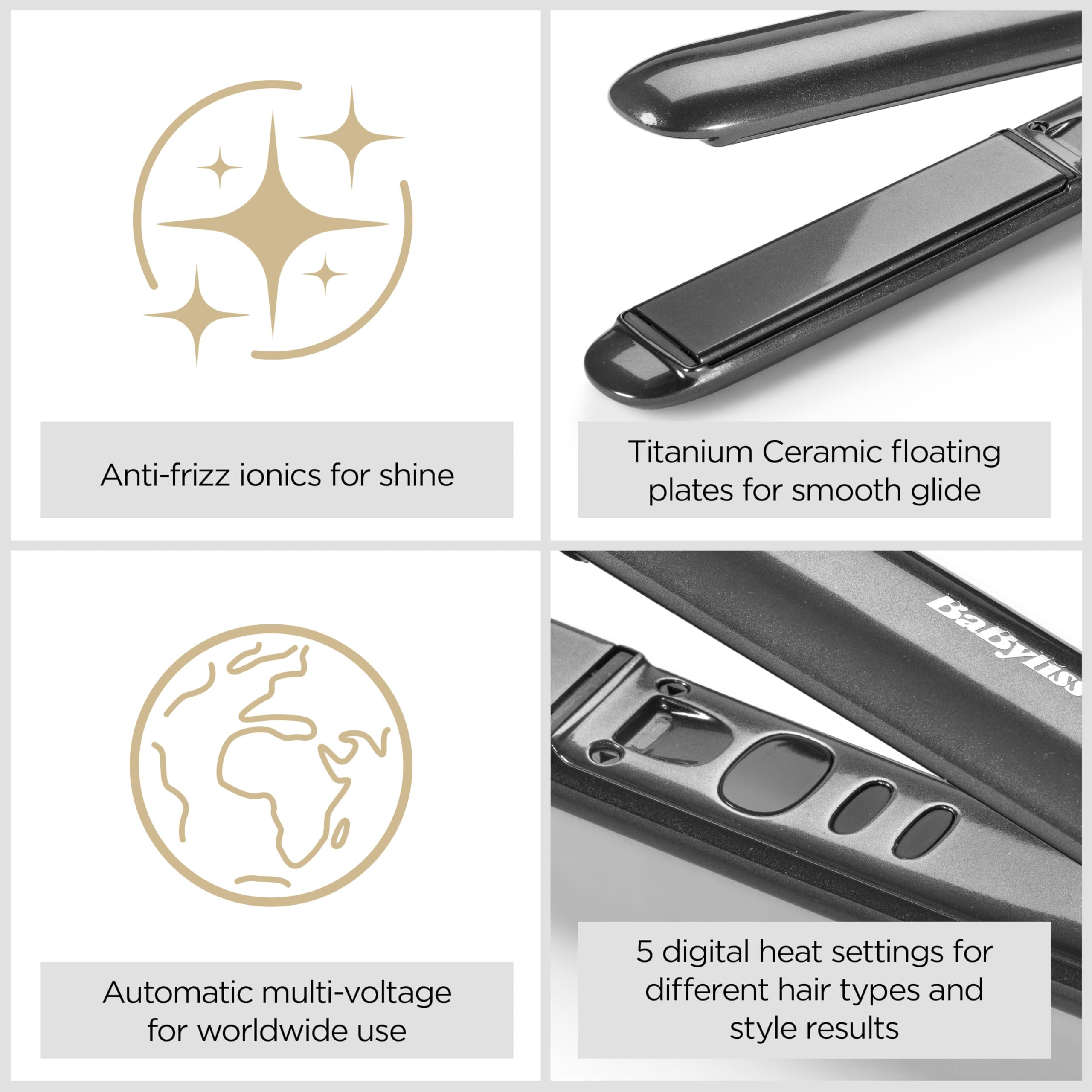 BaByliss Titanium Shine Hair Straighteners with Ionic Technology and 5 Heat Settings