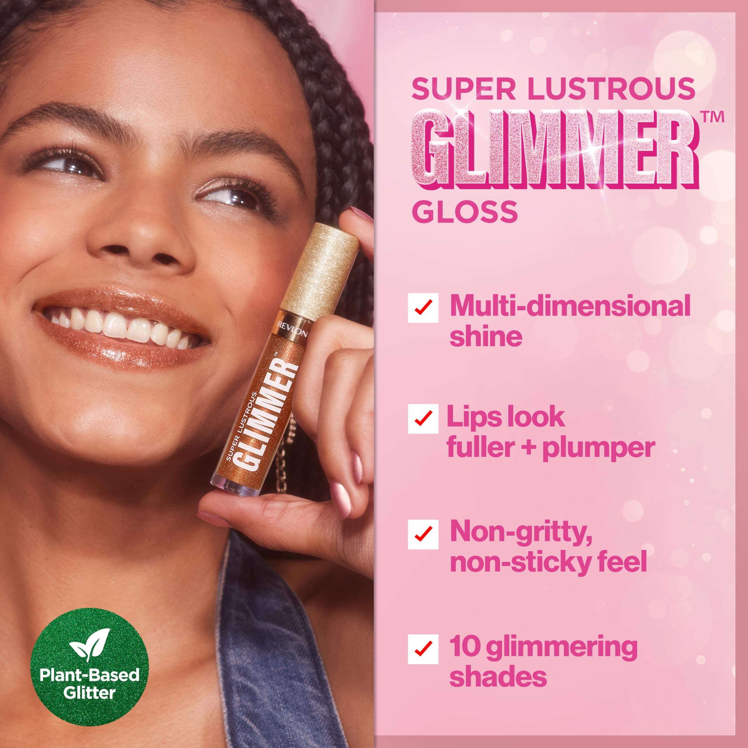 Revlon Super Lustrous Glimmer Gloss – Feuchtigkeitsspendender und aufpolsternder Lipgloss mit pflanzlichem Glitzer, 3D-Schimmer, 39 % mehr Feuchtigkeit und extra großem Applikator, Glazed Almond 3