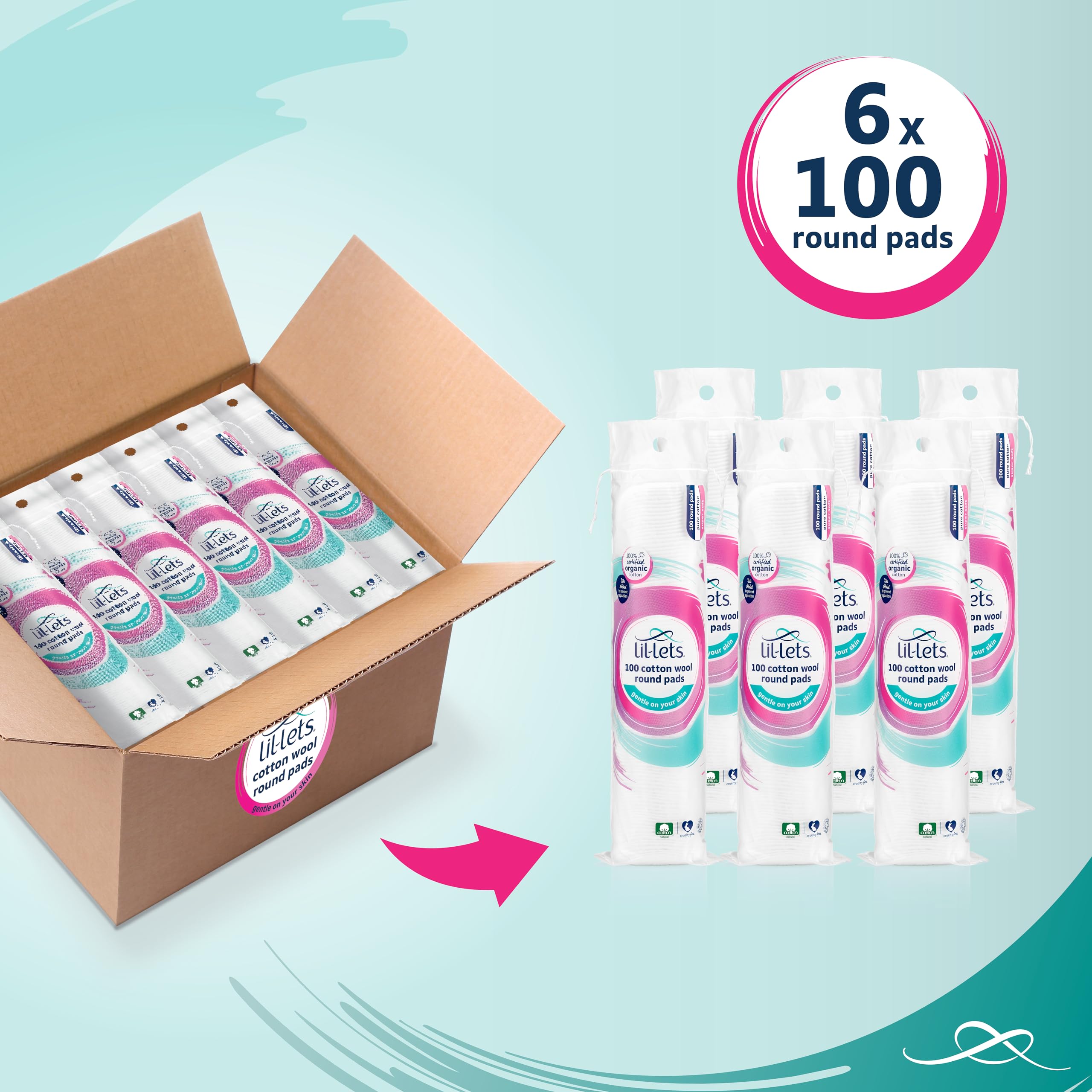 Lil-Lets Organic Cotton Wool Round Pads, 600 Count (6 x 100), GOTS Certified, Soft & Absorbent