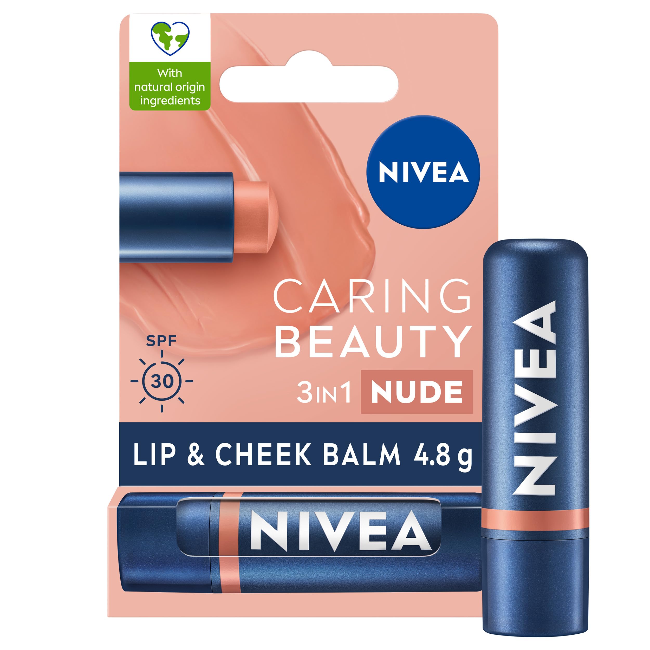 NIVEA Caring Beauty Nude Lip Balm SPF30 (4.8g) - 3-in-1 Moisturizing Lip and Cheek Tint