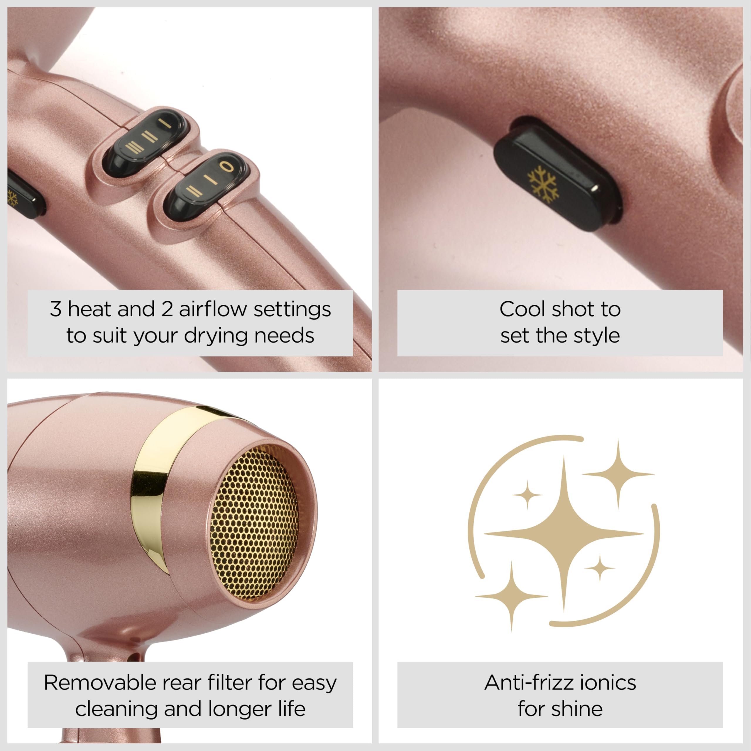 BaByliss Haartrockner Roségold – 2100 W Professioneller Ionen-Haartrockner, Leichter Reisehaartrockner, Schnelltrocknender Keramik-Haartrockner, 3 Heiz- und 2 Gebläsestufen, Roségold, 5336U