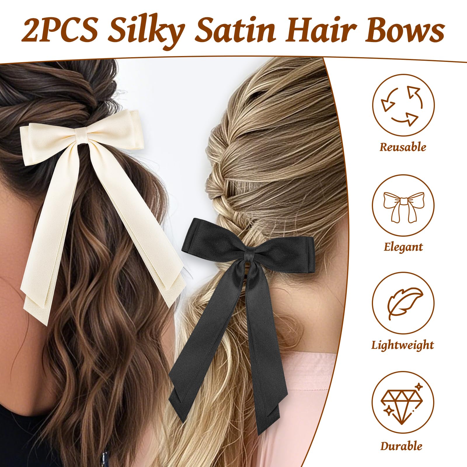 MOXYOY 2PCS Black Silky Satin Bow Hair Clips with Long Ribbon for Girls and Women
