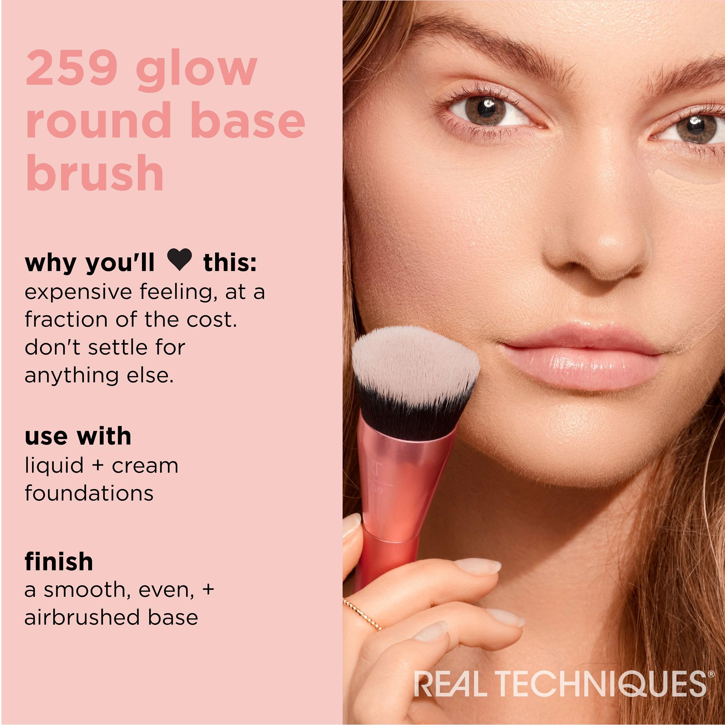 Real Techniques Glow Rundpinsel für flüssiges und cremiges Make-up, flacher Foundationpinsel zum Verblenden und Auftragen von deckenden Produkten, dichte Synthetikborsten, vegan und tierversuchsfrei, 1 Stück 3