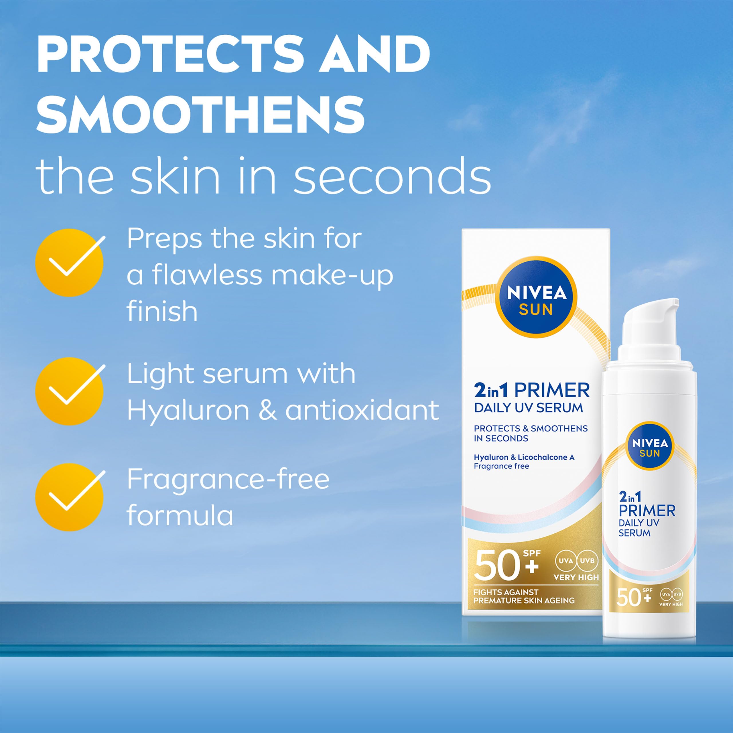 NIVEA SUN UV 2in1 Primer Daily UV Serum SPF50+ (30ml) - Fragrance-Free Sunscreen