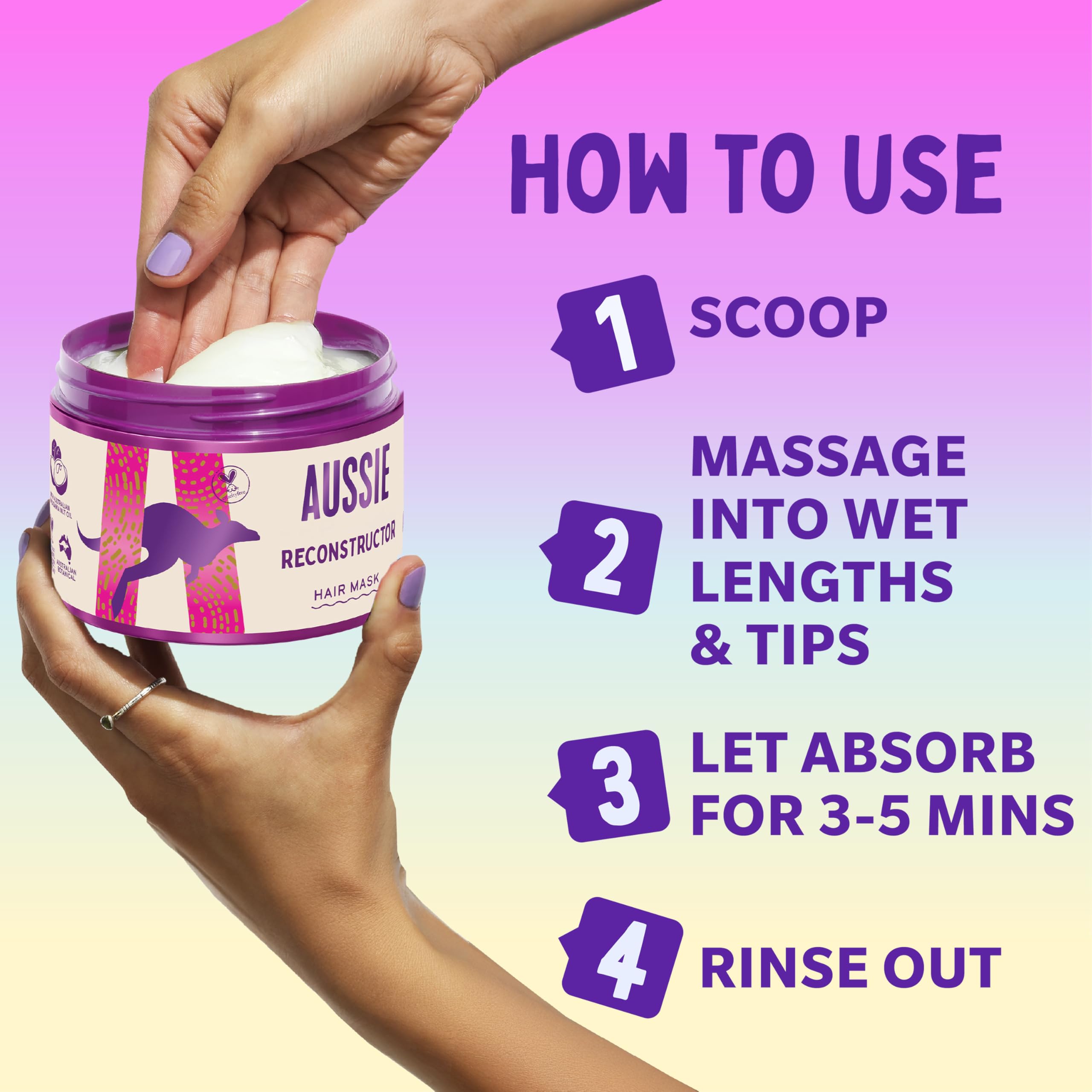 Aussie Reconstructor Haarmaske 500 ml zur Revitalisierung und Feuchtigkeitsversorgung von trockenem und geschädigtem Haar. Macht es geschmeidig und weich. Angereichert mit australischem Macadamianussöl. Vegan und tierversuchsfrei. 7