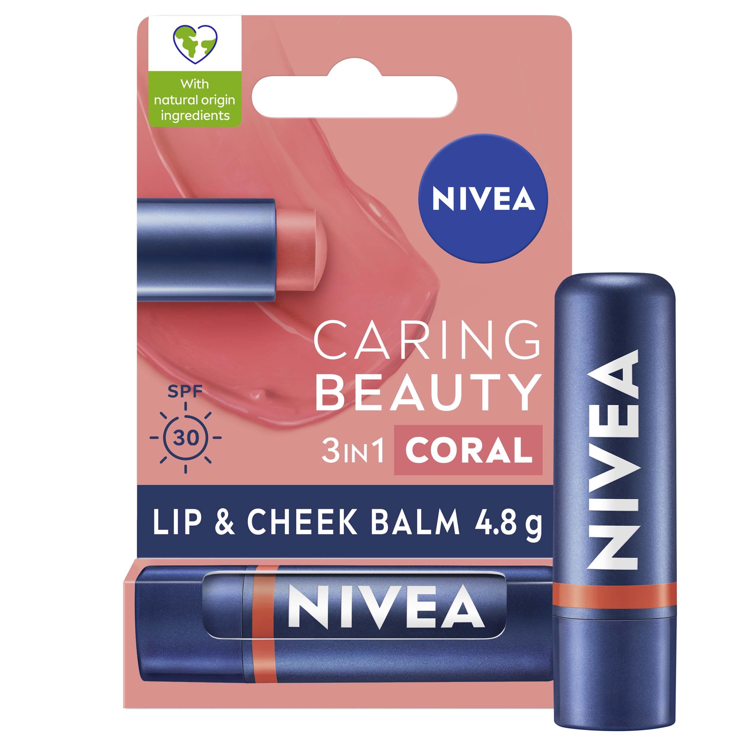 NIVEA Caring Beauty Coral Lip Balm SPF30 (4.8g) - 3-in-1 Moisturizing Cheek Tint