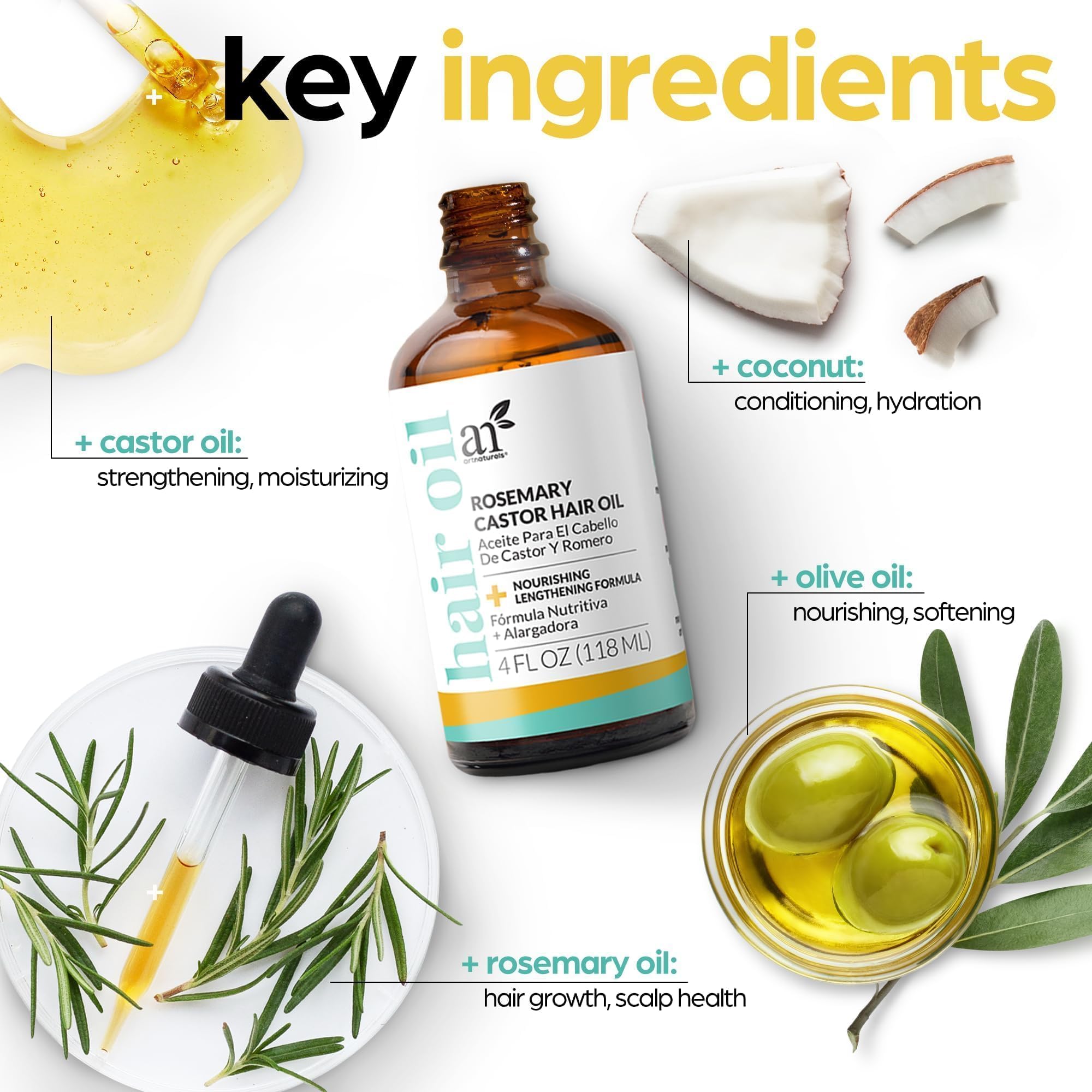 Artnaturals Bio-Rosmarin-Rizinus-Haaröl + Kopfhautmassagegerät 118 ml 5