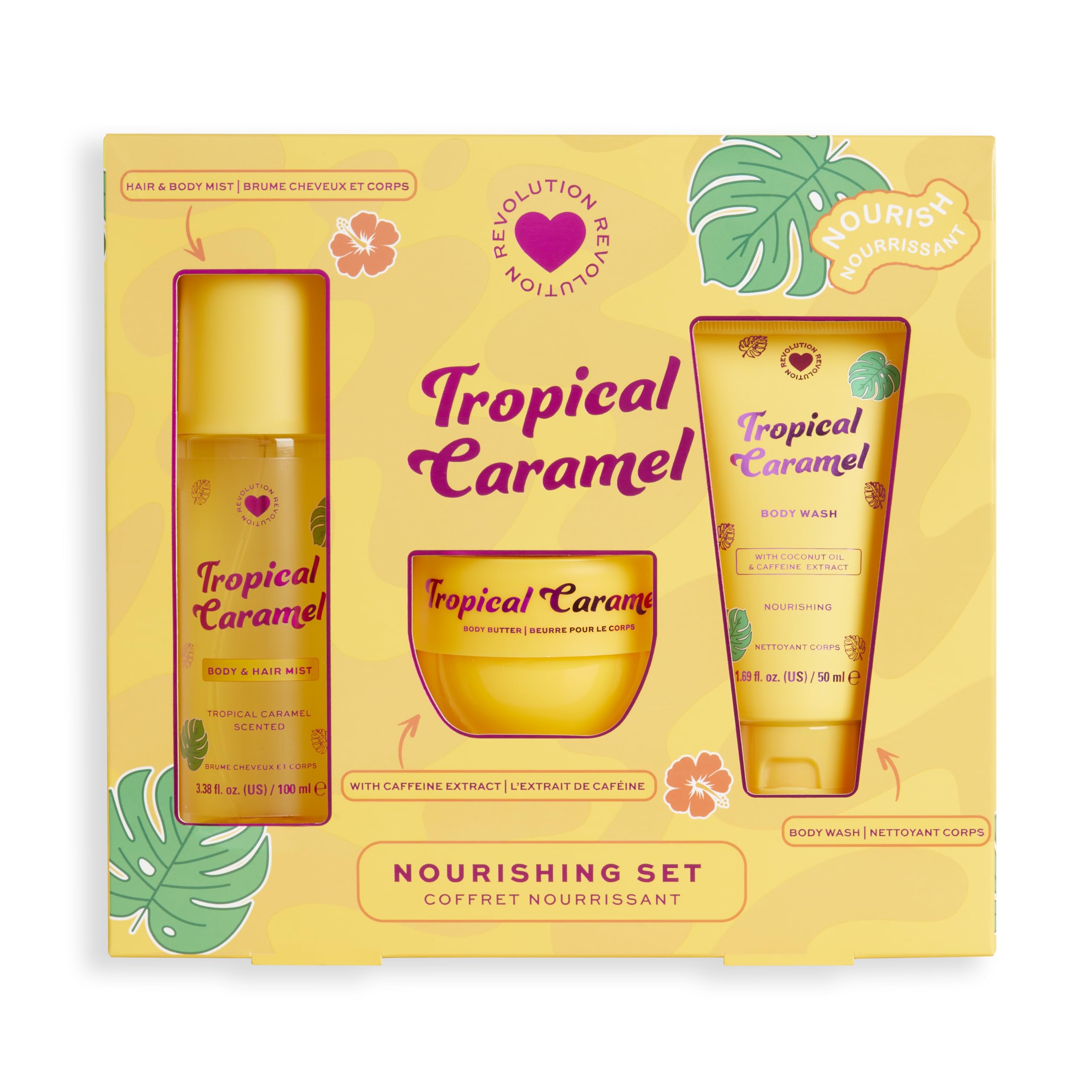 I Heart Revolution Tropical Caramel Bath & Body Gift Set - Body Wash, Cream & Mist Trio