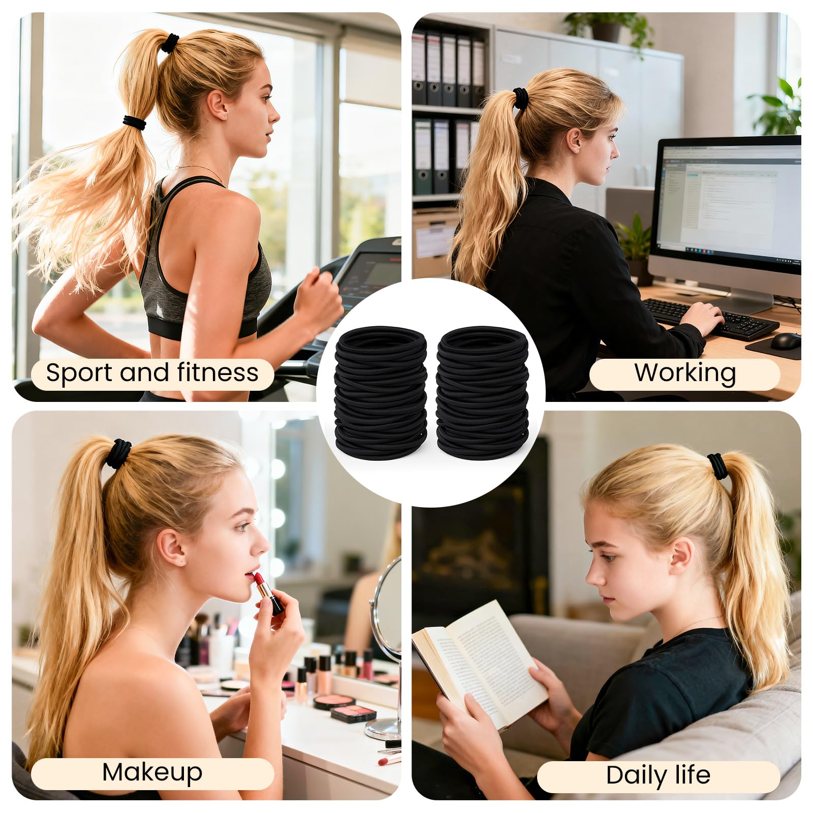50 schwarze Haargummis, 4 mm dicke, weiche, elastische Haarbänder, Meta 3