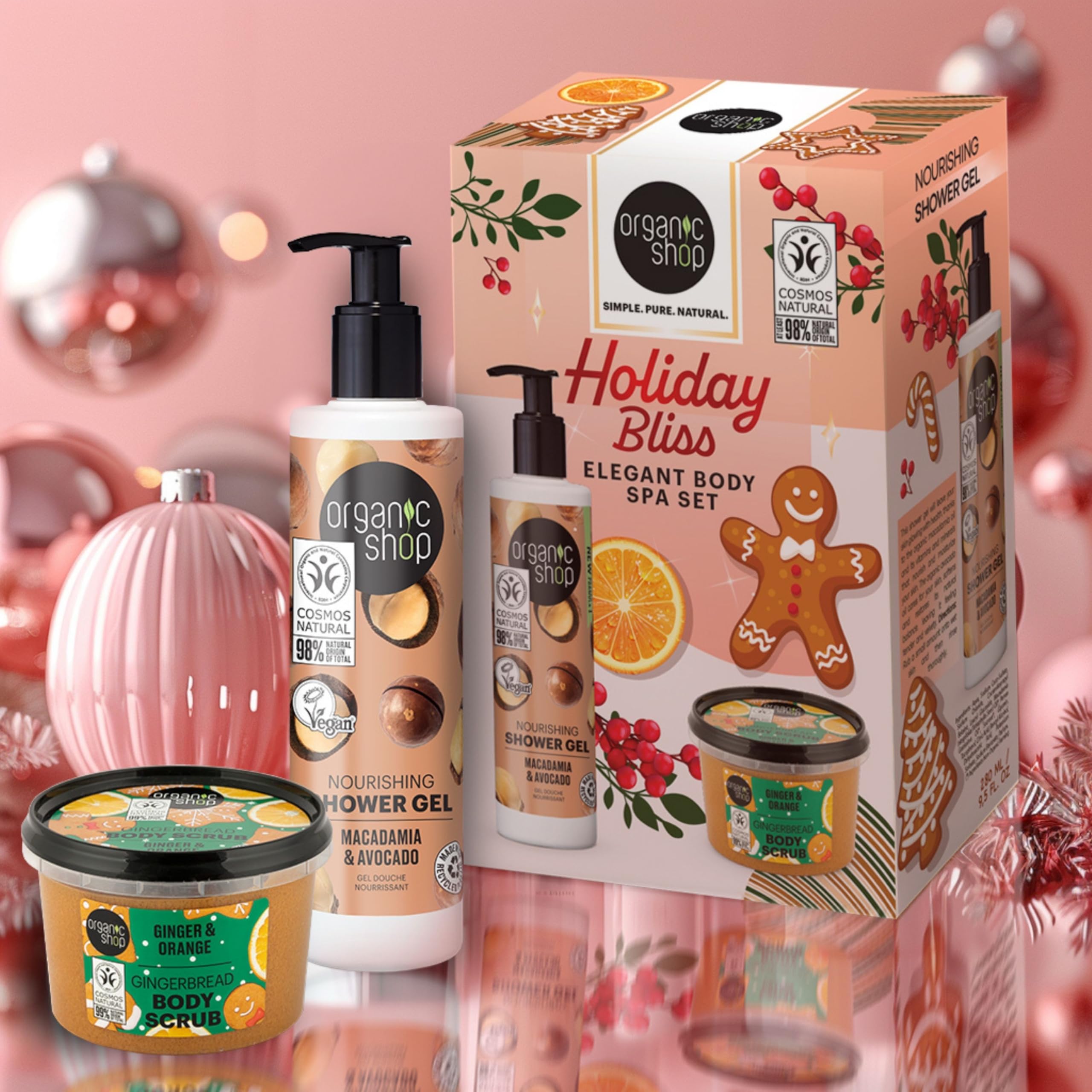 Organic Shop Holiday Bliss Unisex-Körperpflegeset mit Lebkuchenpeeling und Macadamia-Duschgel 4