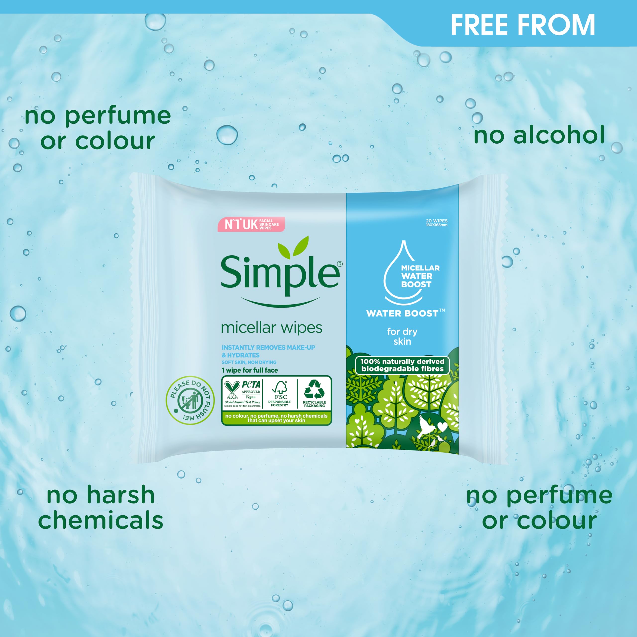 Simple Micellar Cleansing Wipes 20 Count for Sensitive Skin