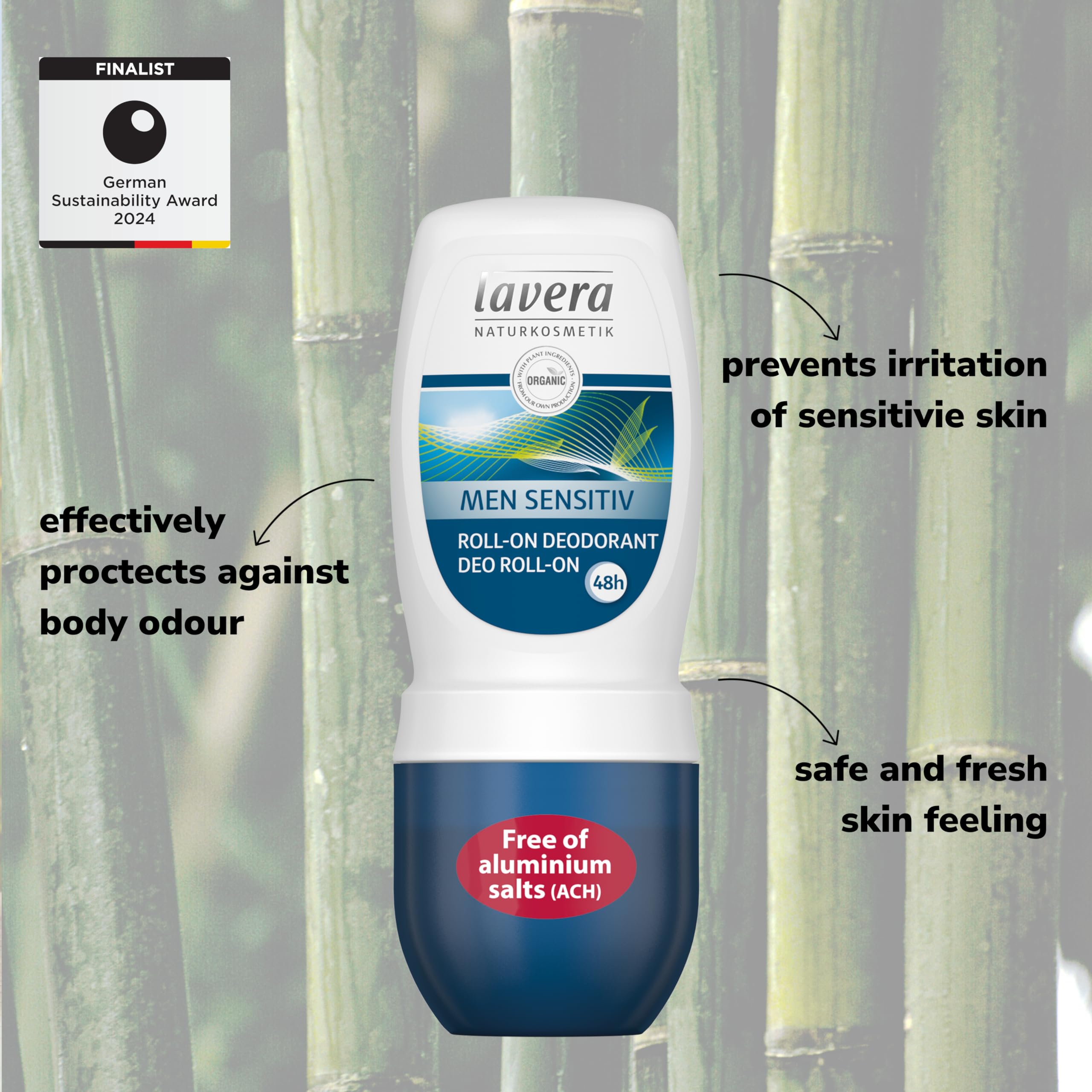 lavera Men 48hr Sensitive Deo Roll-on Stick with Organic Aloe Vera & Bamboo