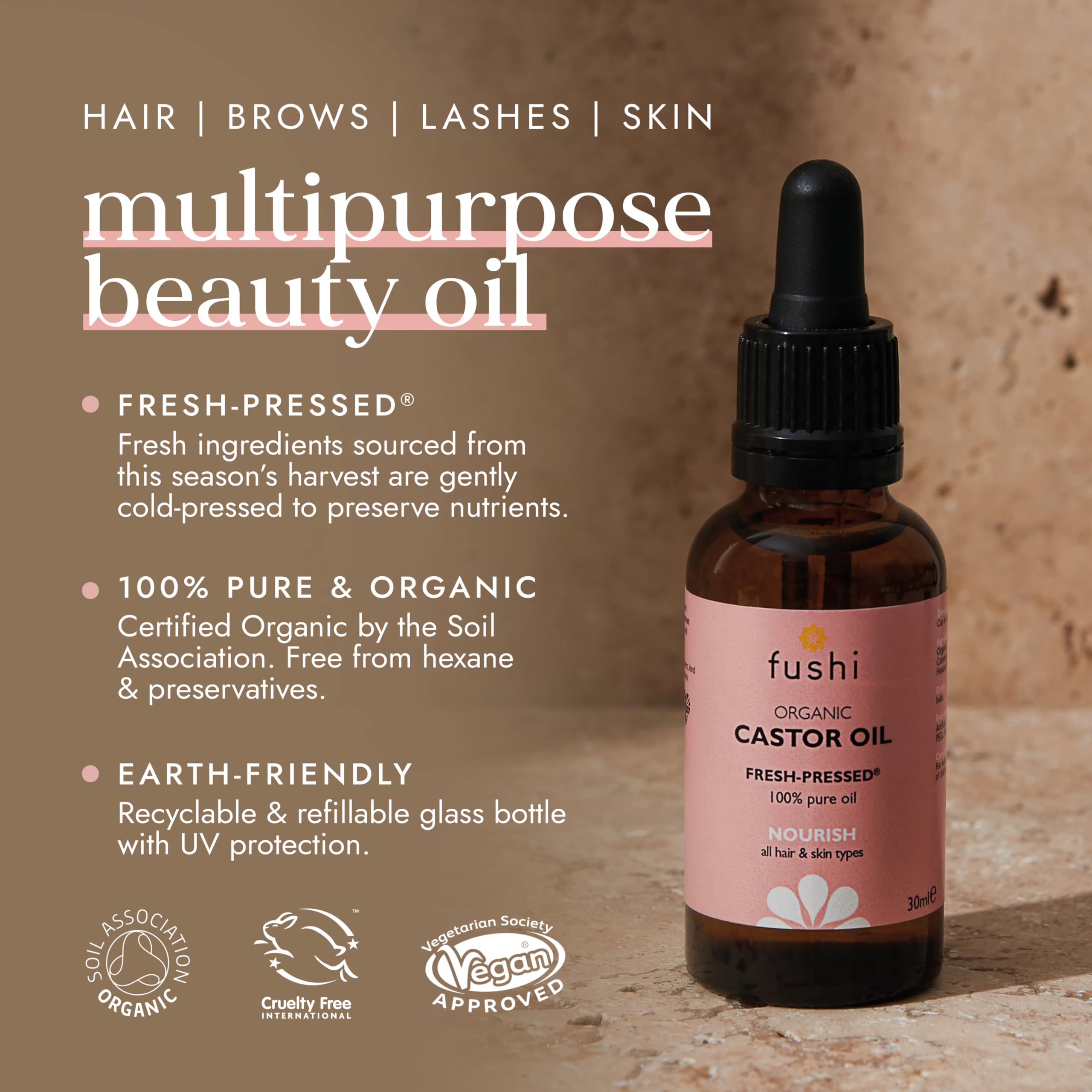 Fushi Bio-Rizinusöl – 30 ml, 100 % rein, kaltgepresst und frisch. Für trockene Haut und Haarwachstum, Wimpern und Augenbrauen. Hexanfrei. Lebensmittelqualität für die Gesundheit. Nachhaltig gewonnen.