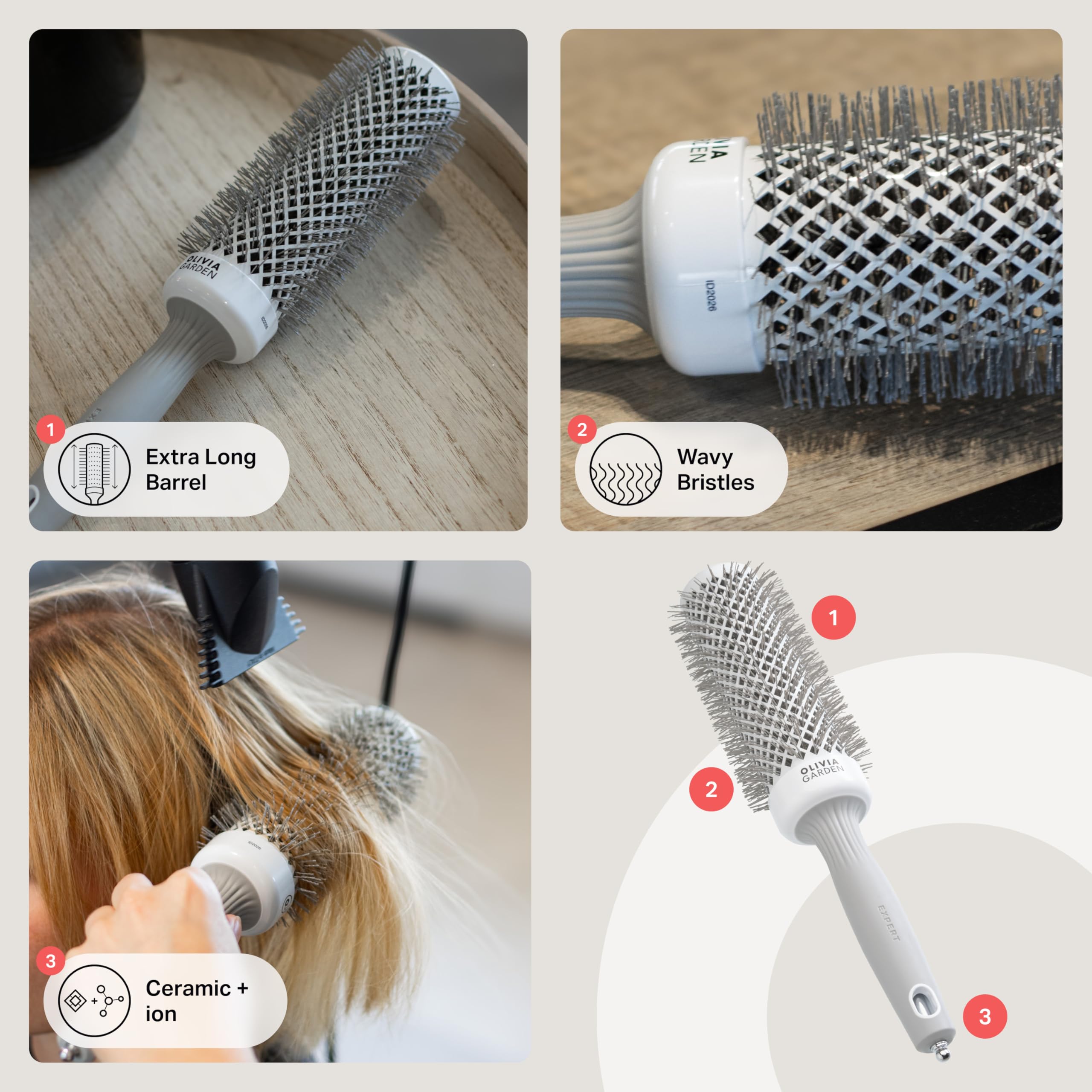 Olivia Garden Expert Blowout Speed ​​– Weiß &amp; Grau – 45 – Keramikbeschichtete Rundbürste mit extra langem Bürstenkörper für 25 % schnelleres Föhnen 4