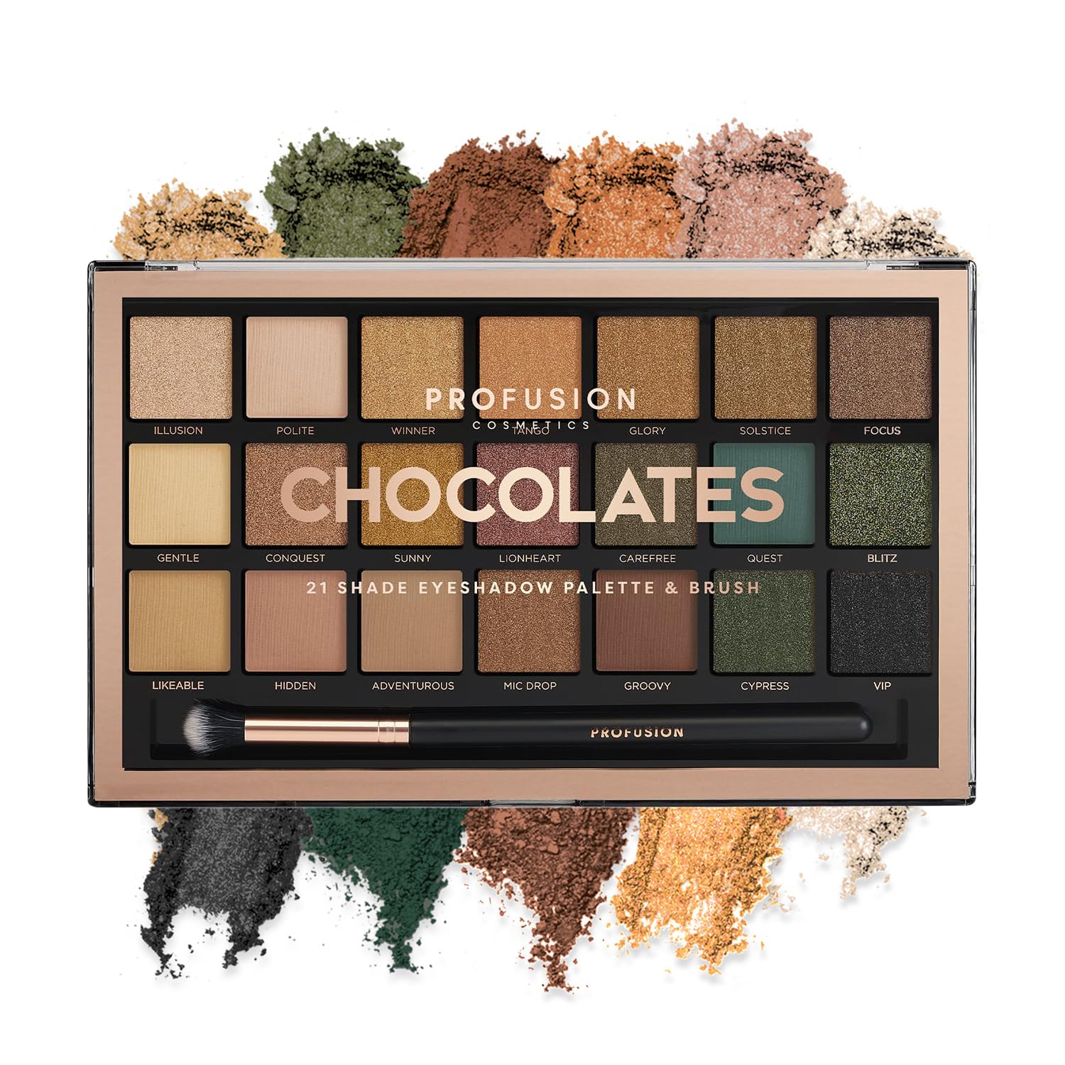 Profusion Cosmetics 21 Shade Eyeshadow Palette Collection & Brush, Chocolat
