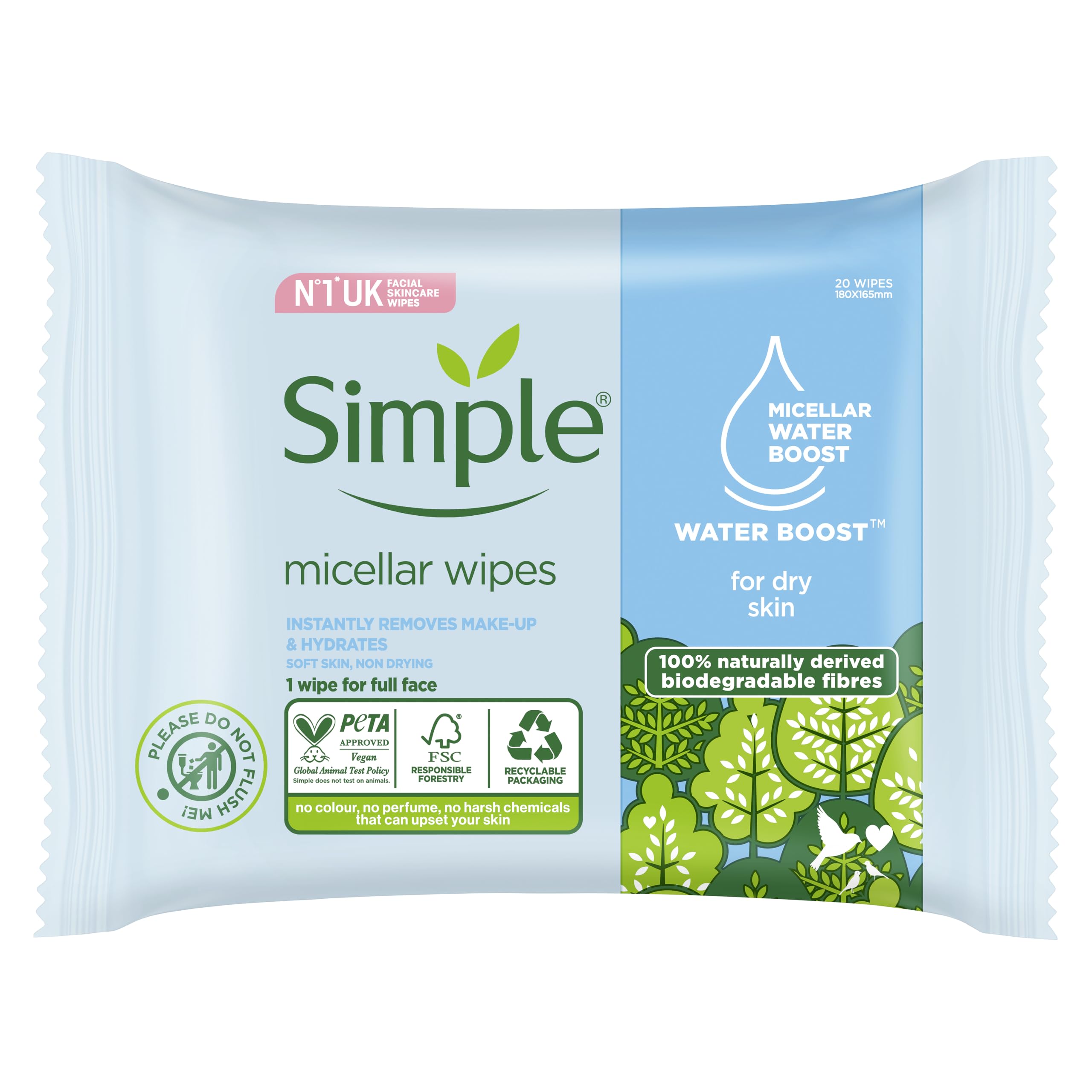 Simple Micellar Cleansing Wipes 20 Count for Sensitive Skin
