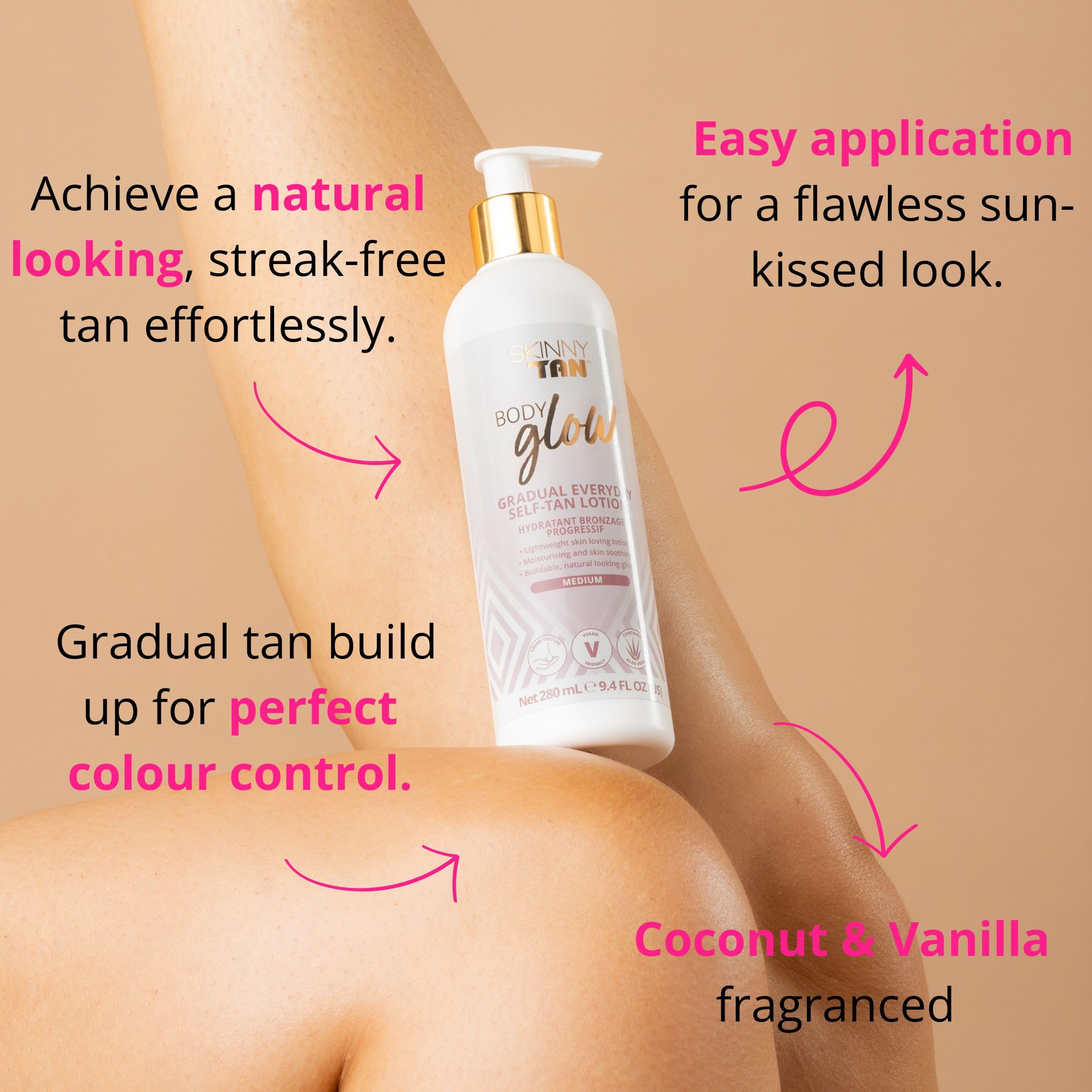 Skinny Tan Body Glow Feuchtigkeitsspendende Bräunungslotion – Selbstbräunungslotion, tierversuchsfrei, parabenfrei &amp; vegan, mit Kokos- und Vanilleduft, 280 ml 2