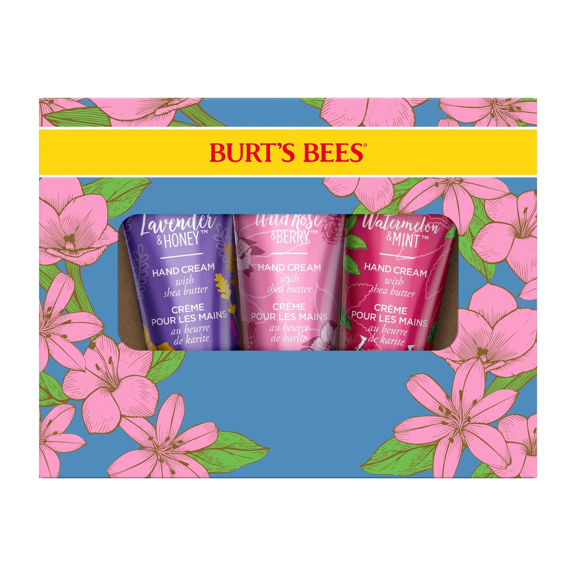 Burt's Bees Handcreme-Geschenkset mit Sheabutter, Lavendel &amp; Honig, Wildrose &amp; Beere und Wassermelone &amp; Minze, 3er-Pack