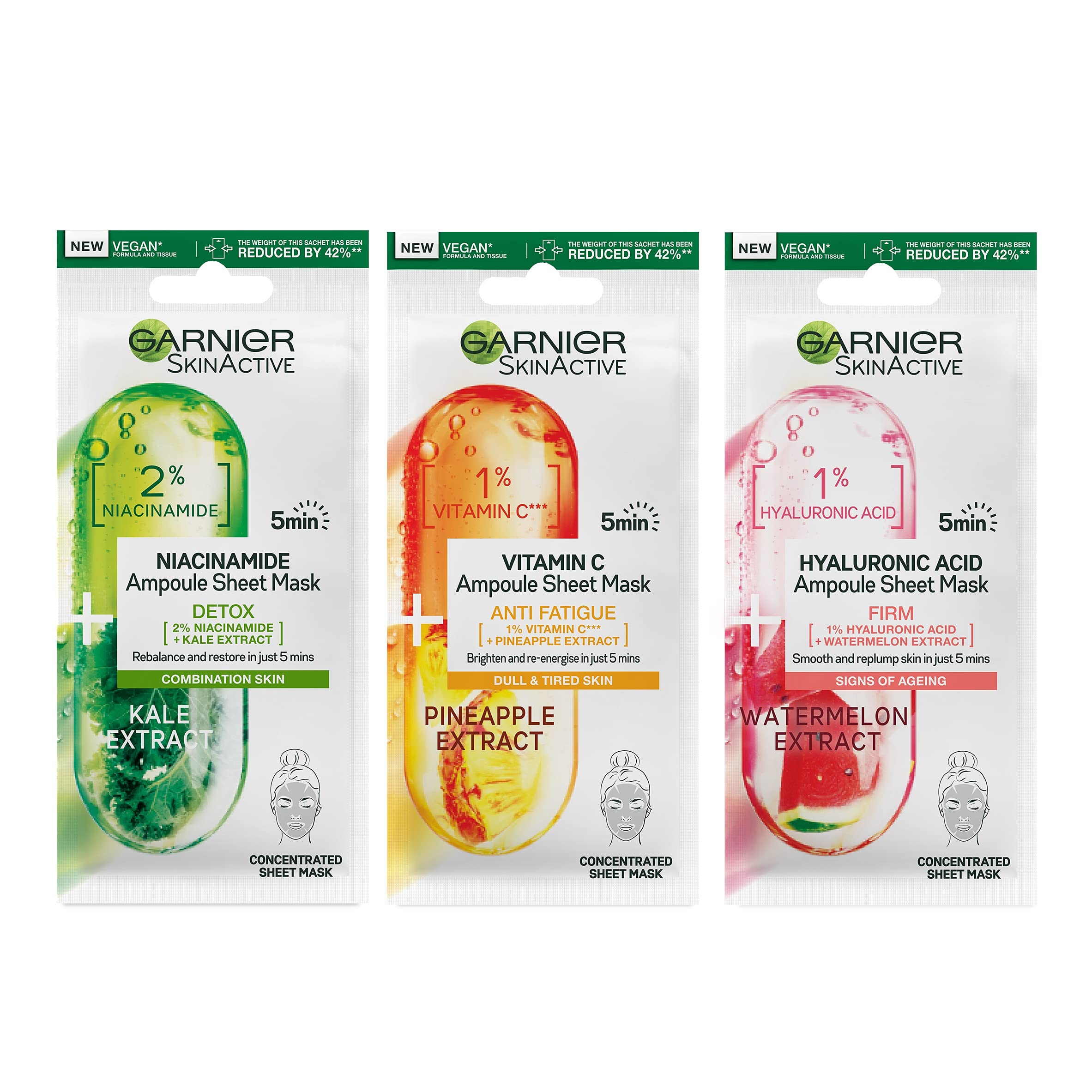 Garnier Ampoule Sheet Masks Set (3 Pack): Vitamin Cg, Niacinamide & Hyaluronic Acid