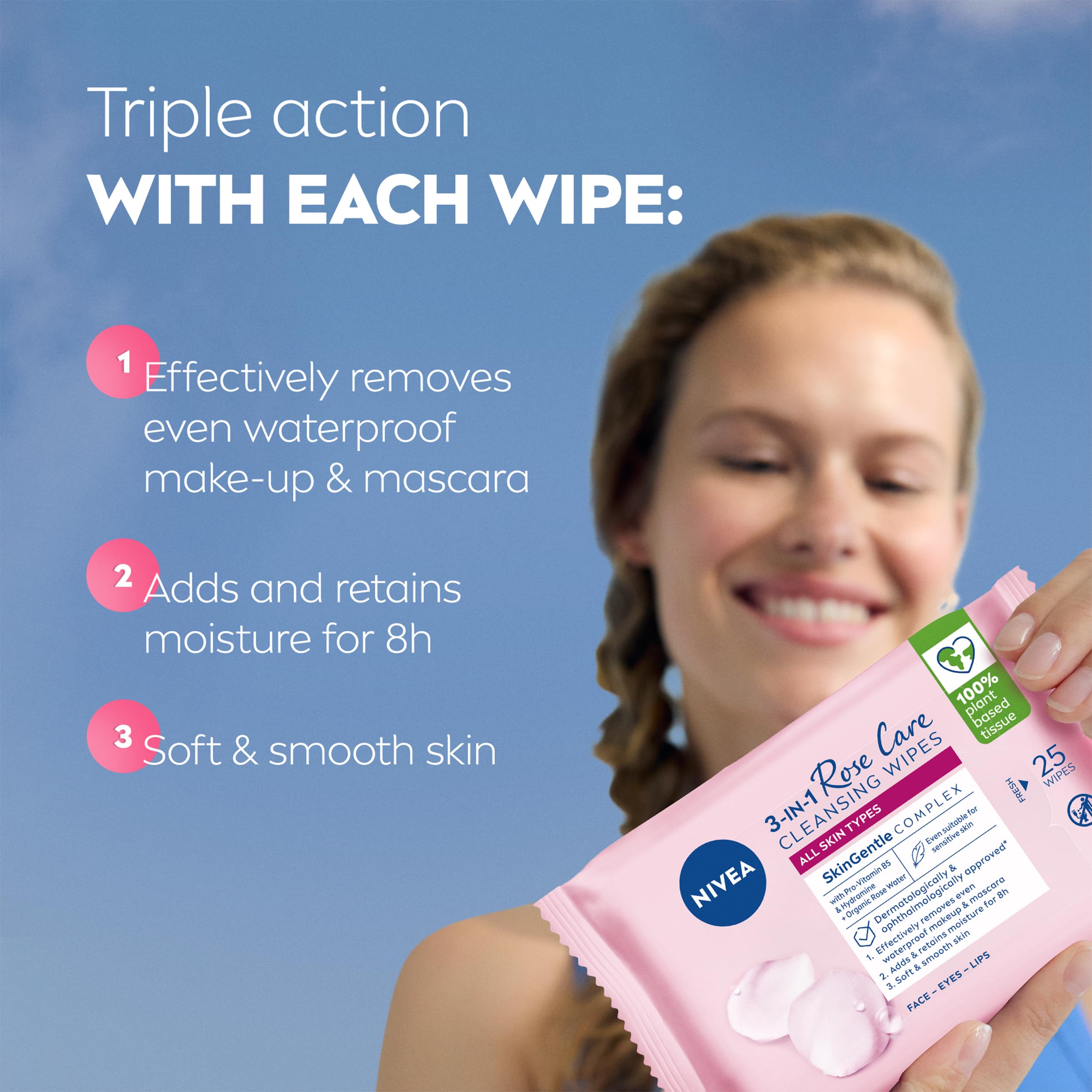 NIVEA 3in1 Rose Care Cleansing Wipes with Organic Rose Water (2x25 Count)
