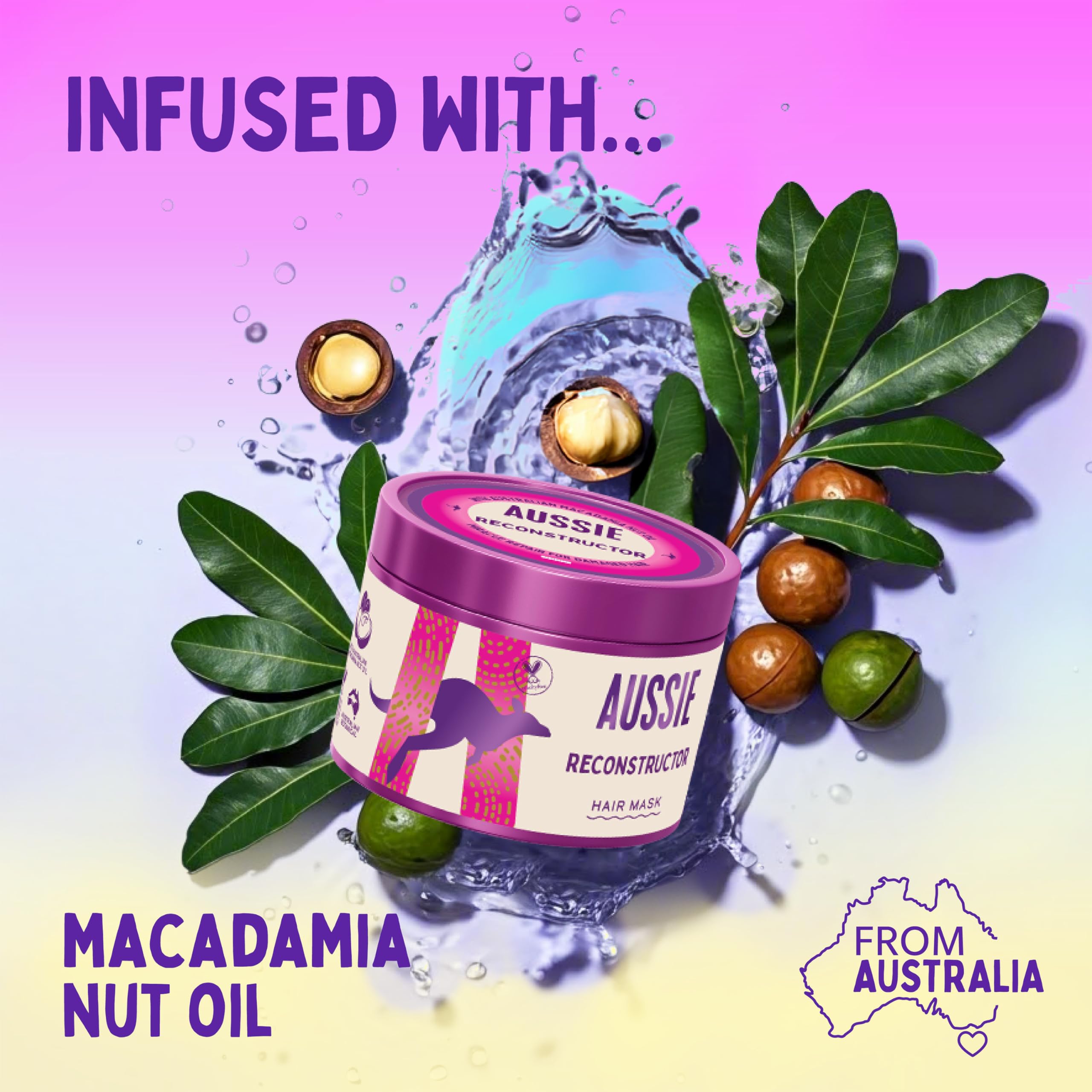 Aussie Reconstructor Haarmaske 500 ml zur Revitalisierung und Feuchtigkeitsversorgung von trockenem und geschädigtem Haar. Macht es geschmeidig und weich. Angereichert mit australischem Macadamianussöl. Vegan und tierversuchsfrei. 4