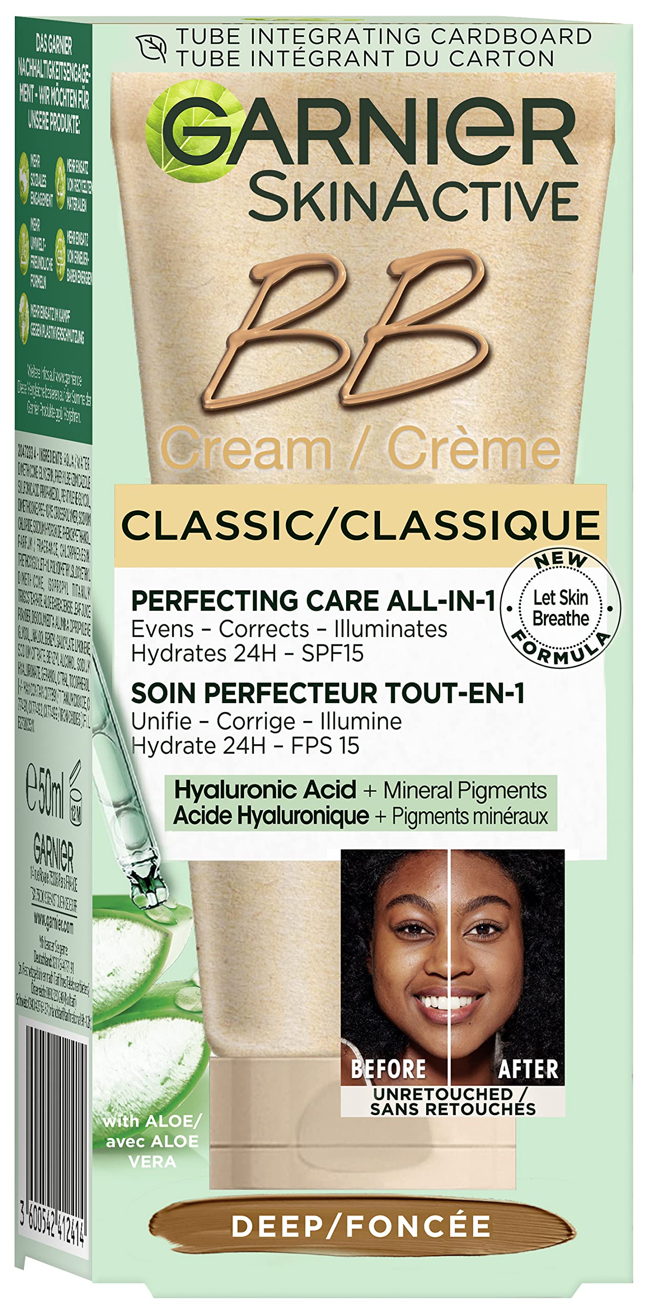 Garnier SkinActive Classic Deep All-in-1 BB Cream SPF 15, Hyaluronic Acid & Aloe, 50 ml