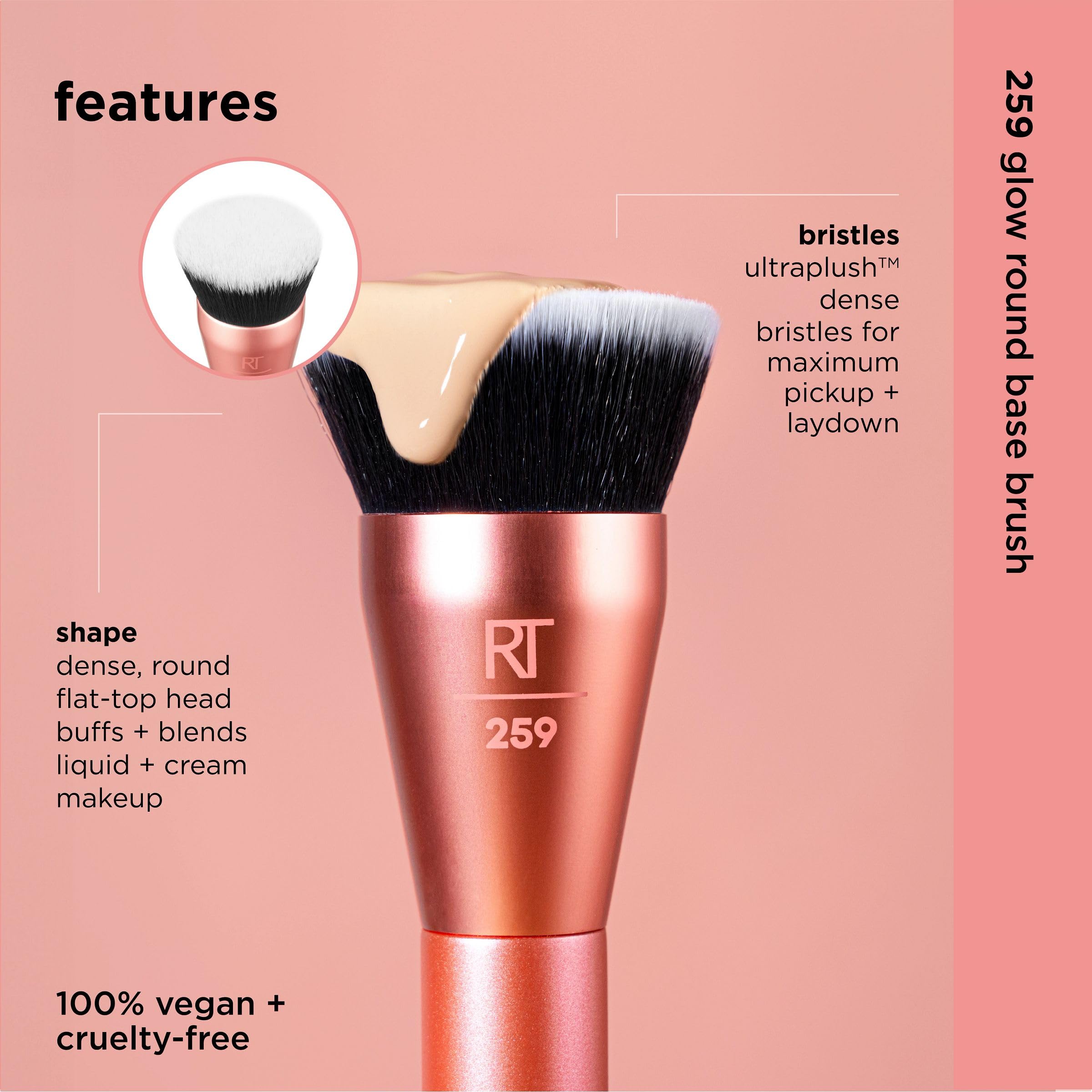 Real Techniques Glow Rundpinsel für flüssiges und cremiges Make-up, flacher Foundationpinsel zum Verblenden und Auftragen von deckenden Produkten, dichte Synthetikborsten, vegan und tierversuchsfrei, 1 Stück 4