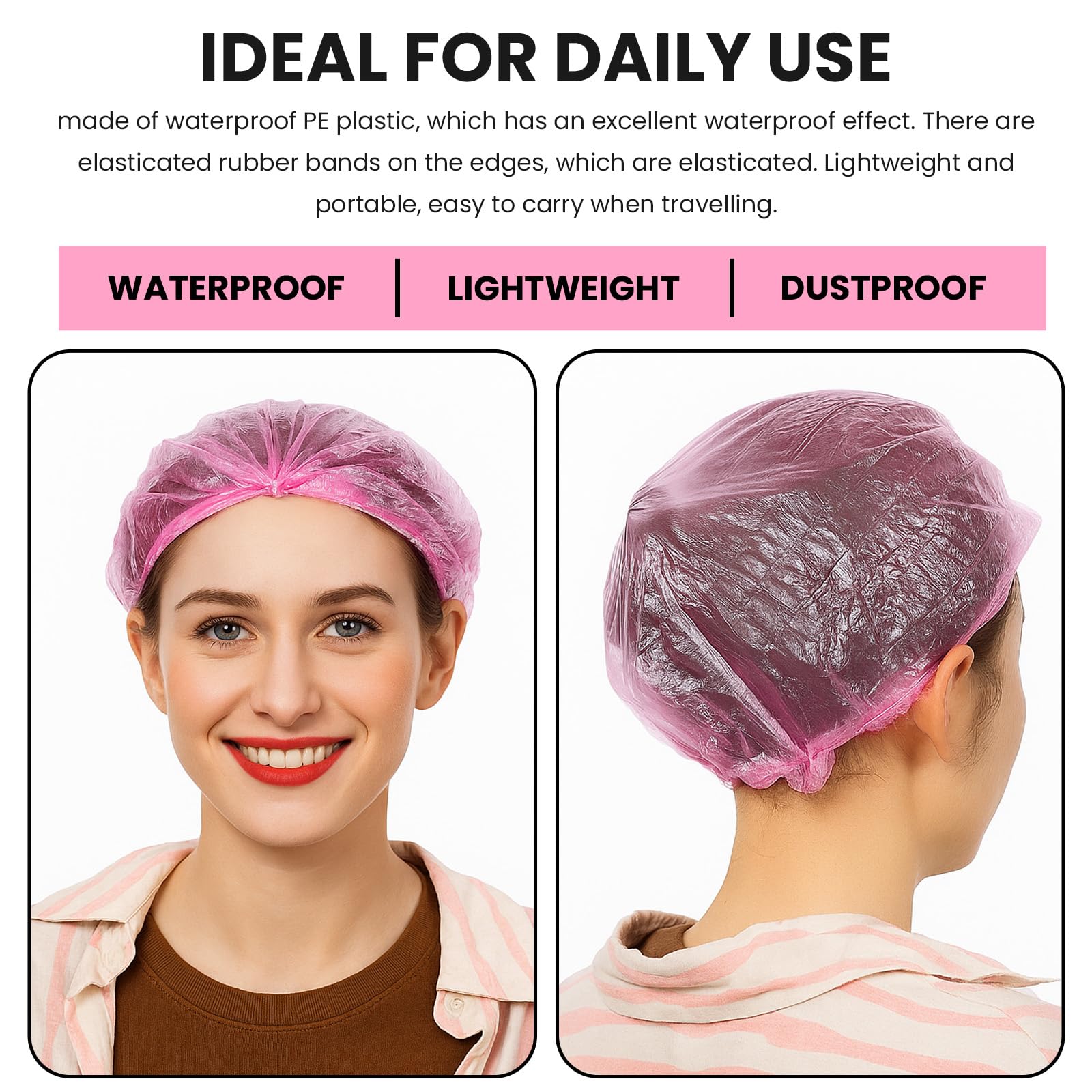 Lafefe 100PCS Disposable Waterproof Plastic Shower Caps for Women - Pink 4