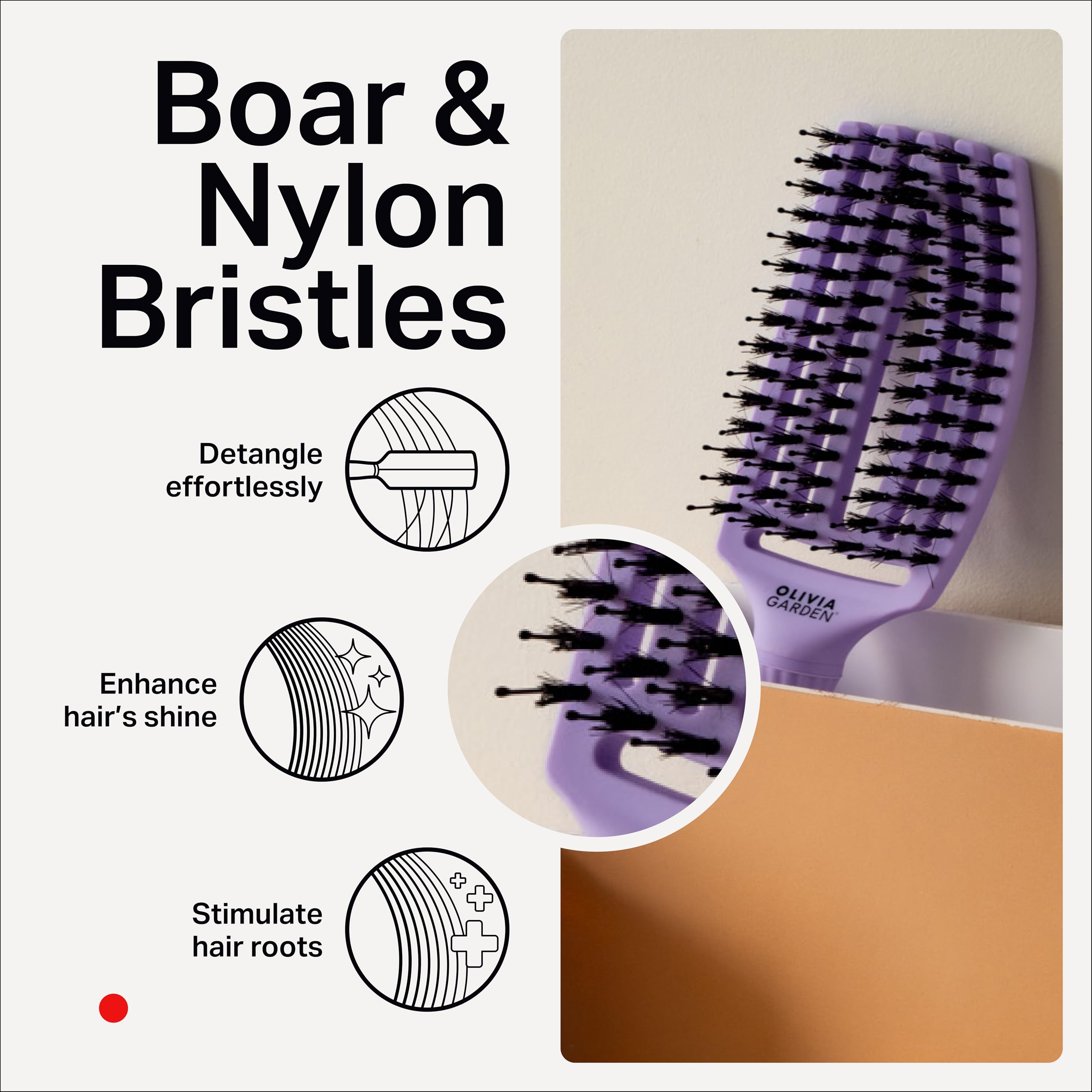 Olivia Garden Fingerbrush Care Iconic Medium Hairbrush - Lavender with Boar & Nylon Bristles for Shine 6