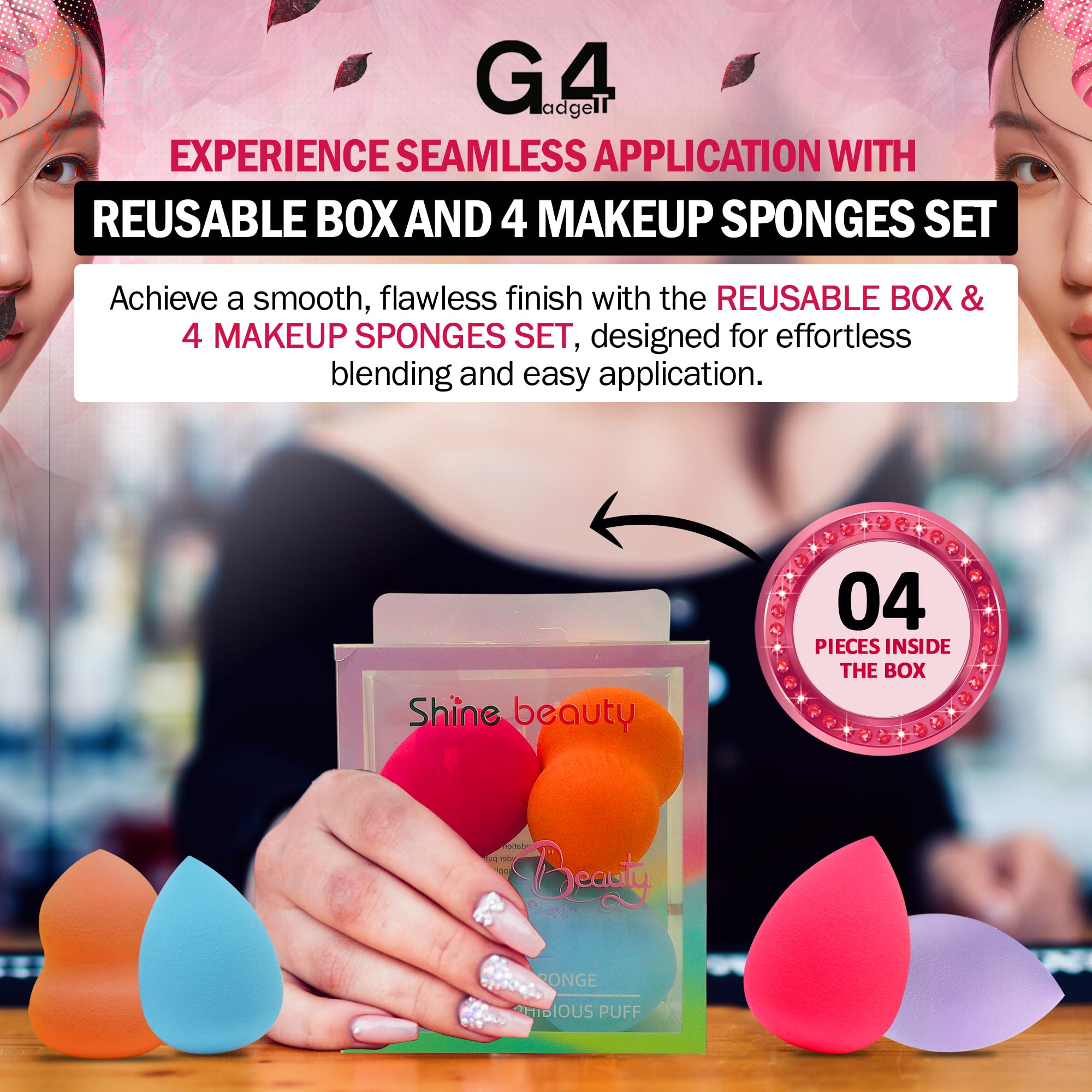 G4GADGET 4 PCS Assorted Non-Latex Makeup Sponges for Cream, Powder, and Liquid Foundation