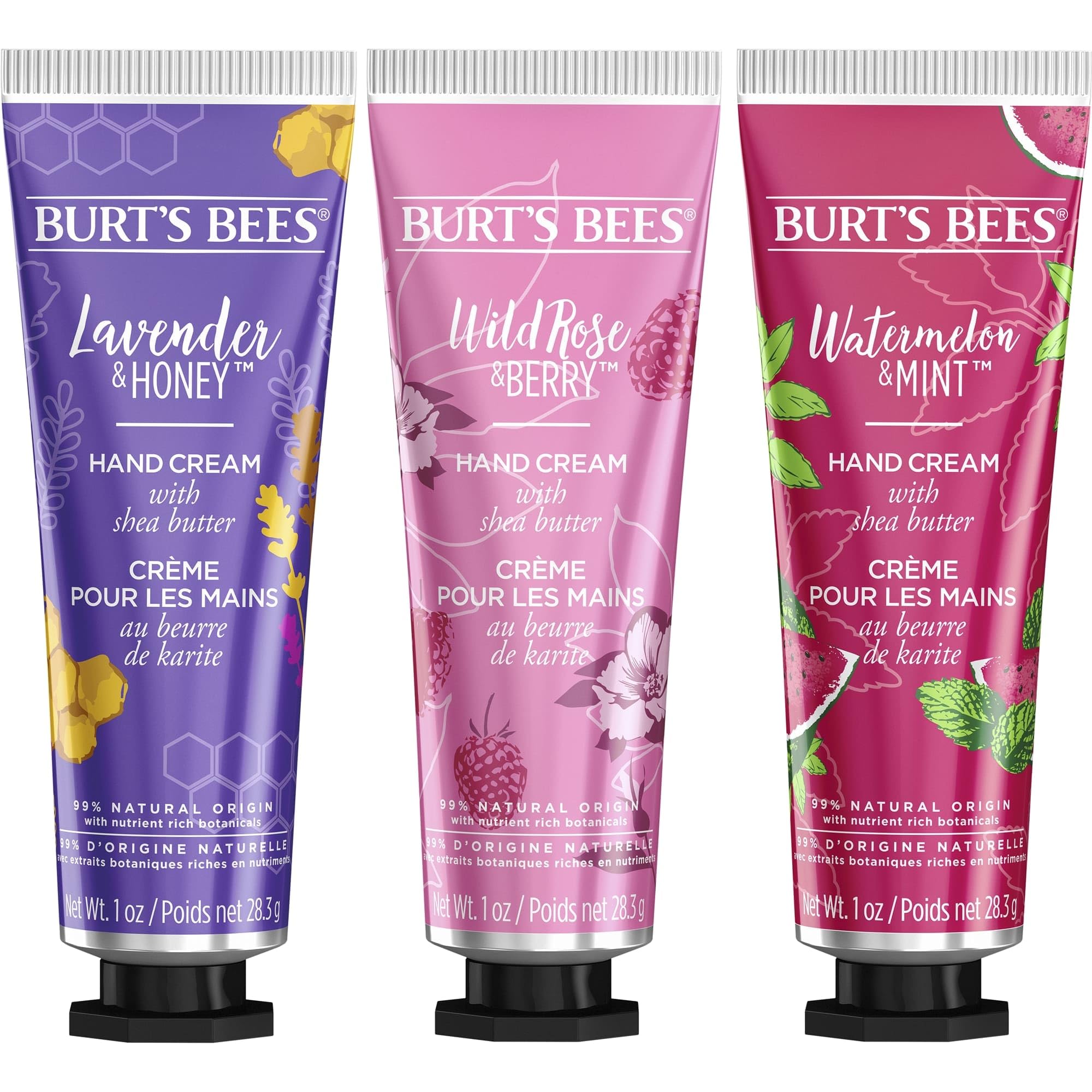 Burt's Bees Handcreme-Geschenkset mit Sheabutter, Lavendel &amp; Honig, Wildrose &amp; Beere und Wassermelone &amp; Minze, 3er-Pack