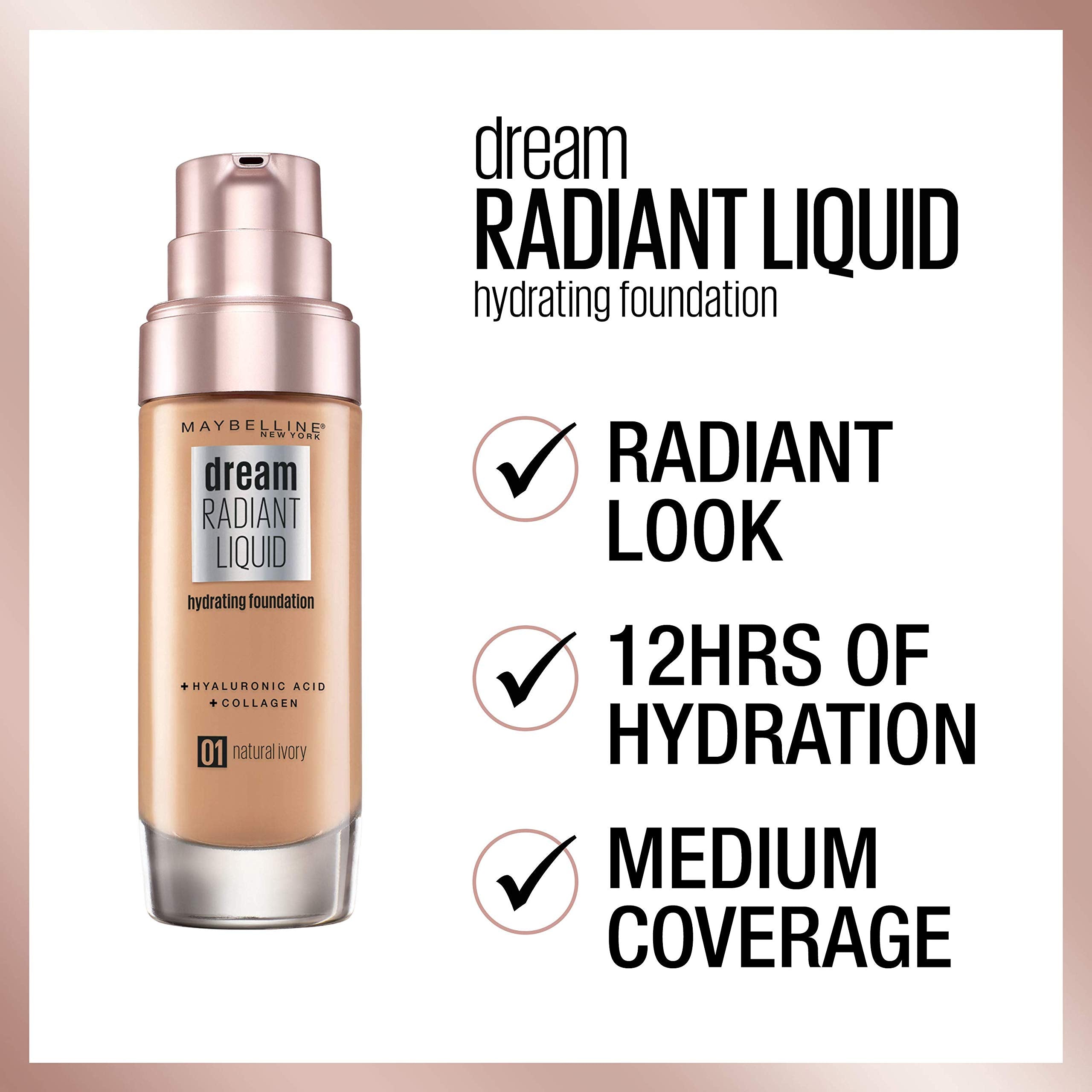 Maybelline Dream Radiant Liquid Foundation with Hyaluronic Acid & Collagen, Medium Coverage, 03 True Ivory, 30 ml 6