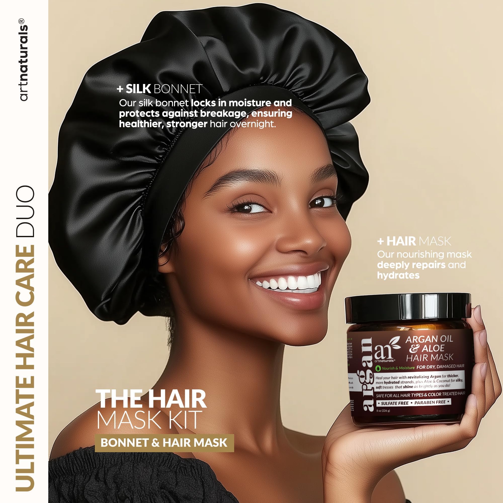 Artnaturals Argan Oil Hair Mask Conditioner and Satin Bonnet Set (8 Oz/226g)
