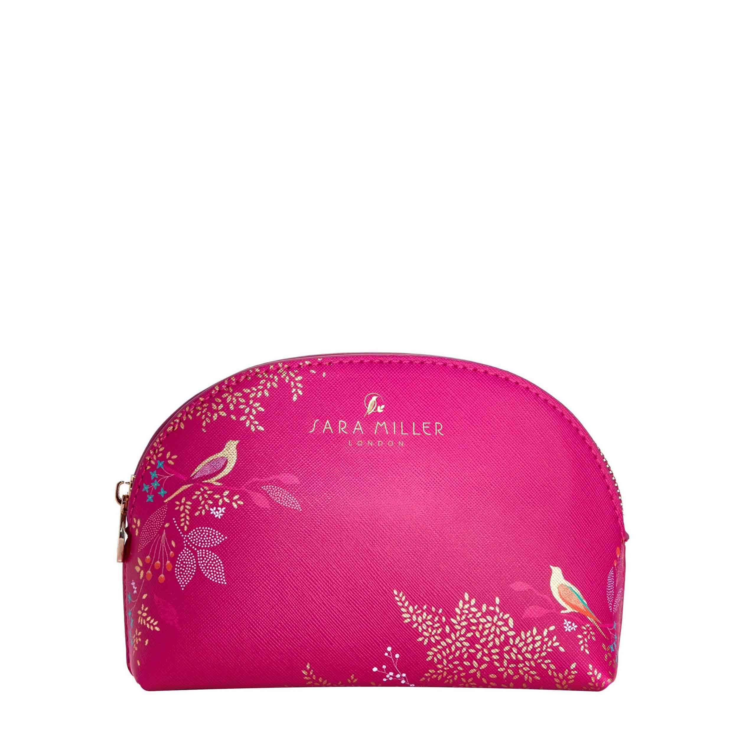 Sara Miller London Chelsea Small Cosmetic Bag - Pink with Golden Leaves & Exotic Birds