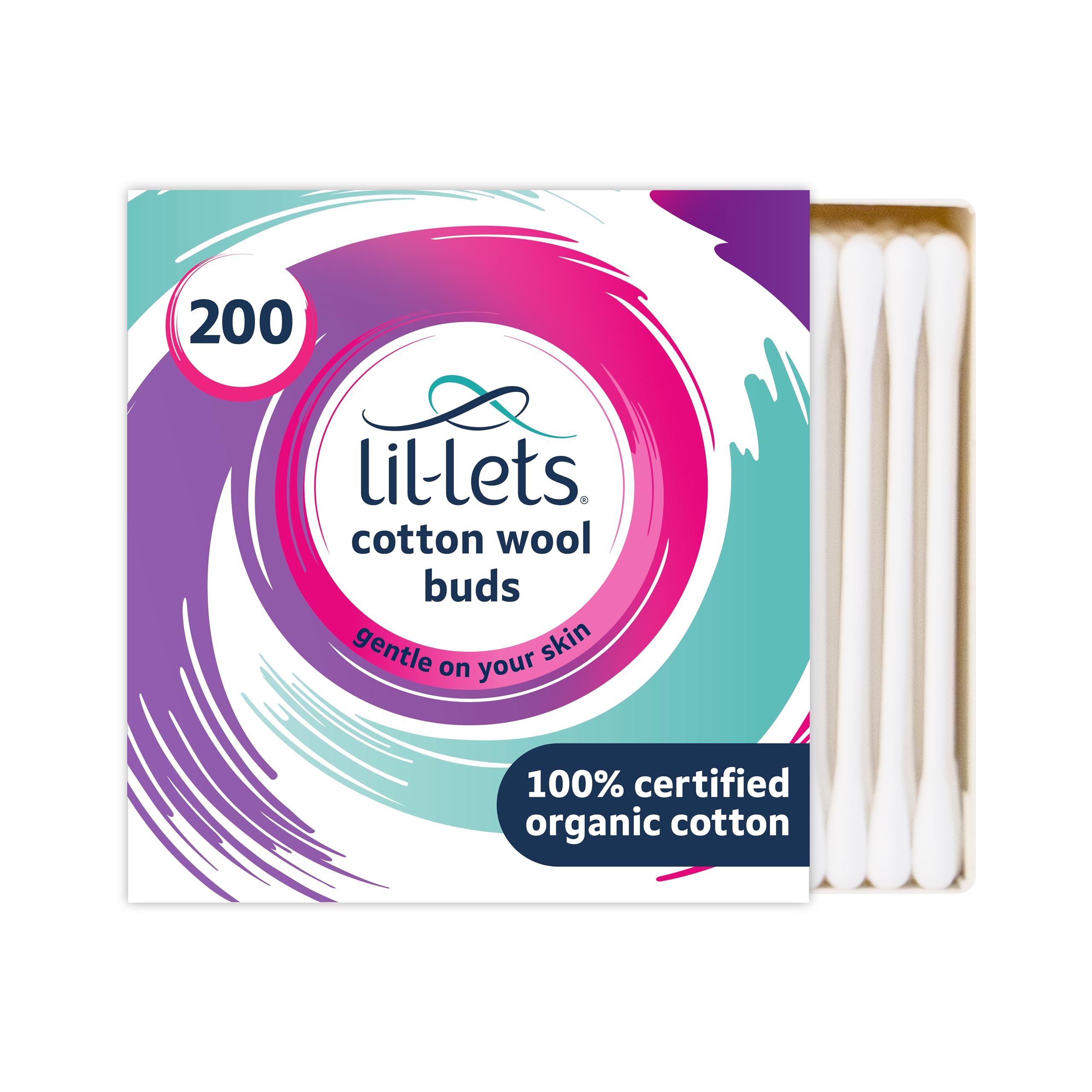 Lil-Lets Cotton Wool Buds with Certified Organic 100% Pure Cotton Tips, Plastic Free