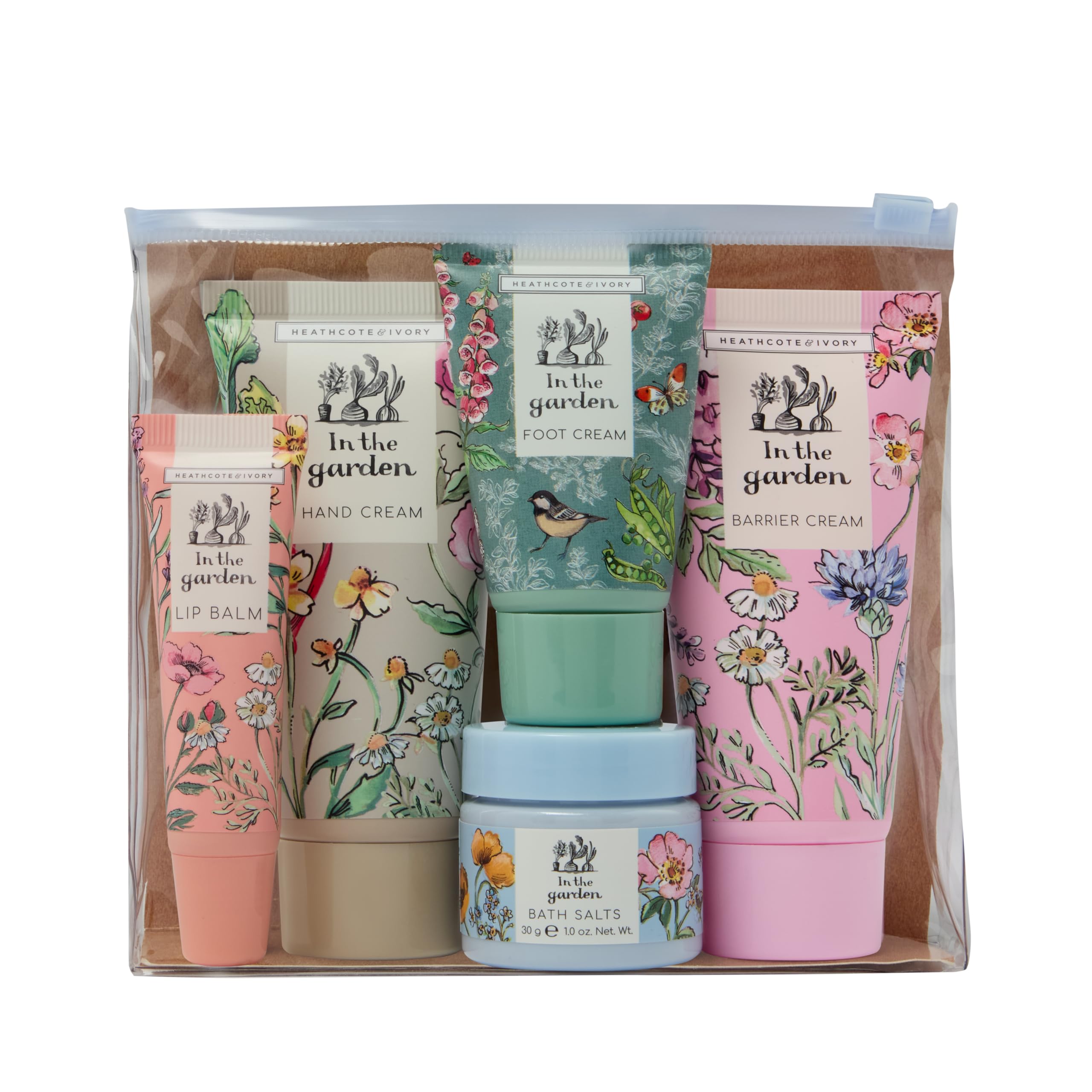 Heathcote & Ivory Garden Gift Set: Hand Cream, Barrier Cream, Foot Cream, Bath Salts & Lip Balm