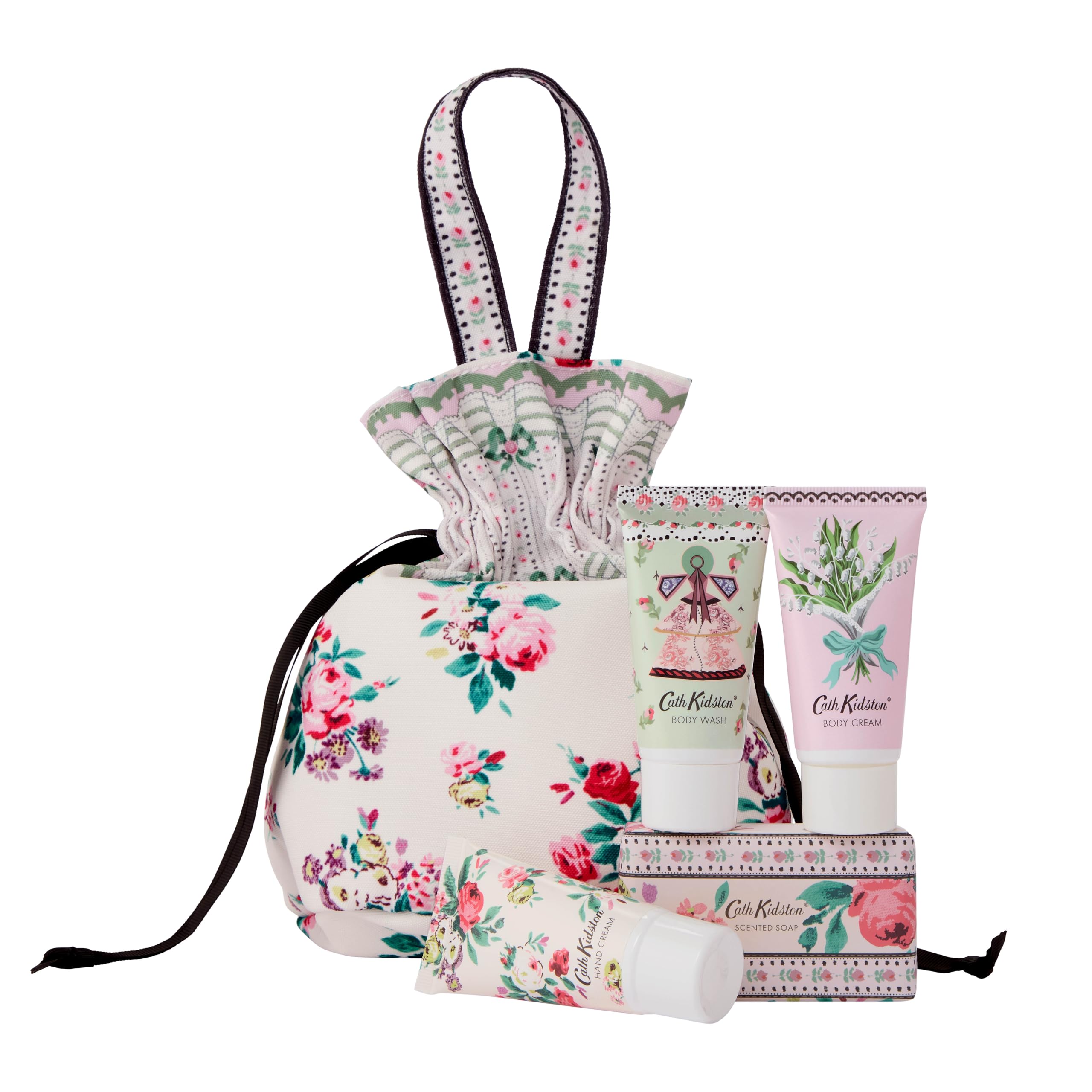 Cath Kidston Travel Gift Set: Hand Cream, Body Wash, Body Cream & Soap with Yuzu & Sage Scent