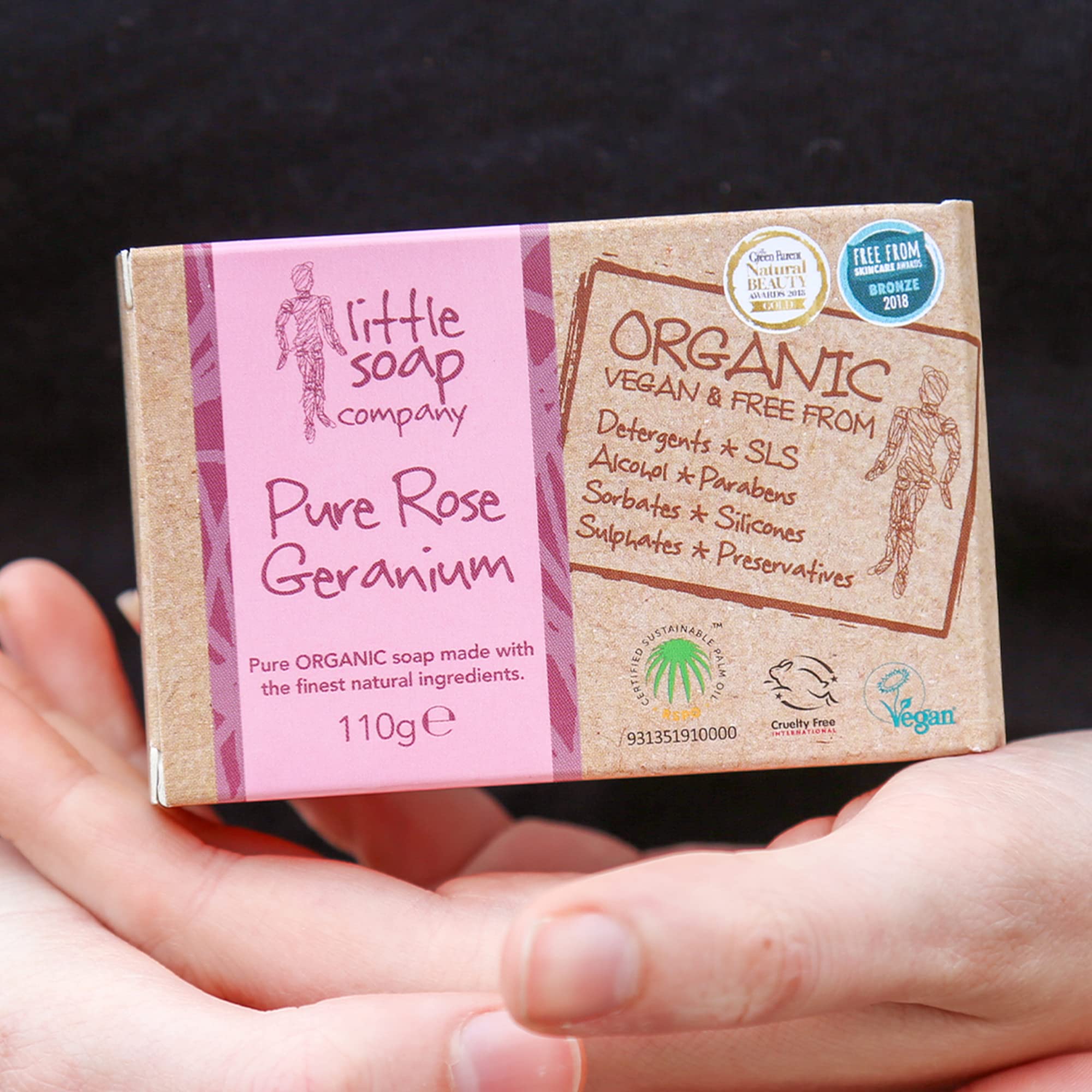 Little Soap Company Bio-Seifenstück – Vegan, tierversuchsfrei, ohne SLS oder Parabene, mit Rosengeranie, natürliche und biologische Körperseife und Handseife (110 g) 7
