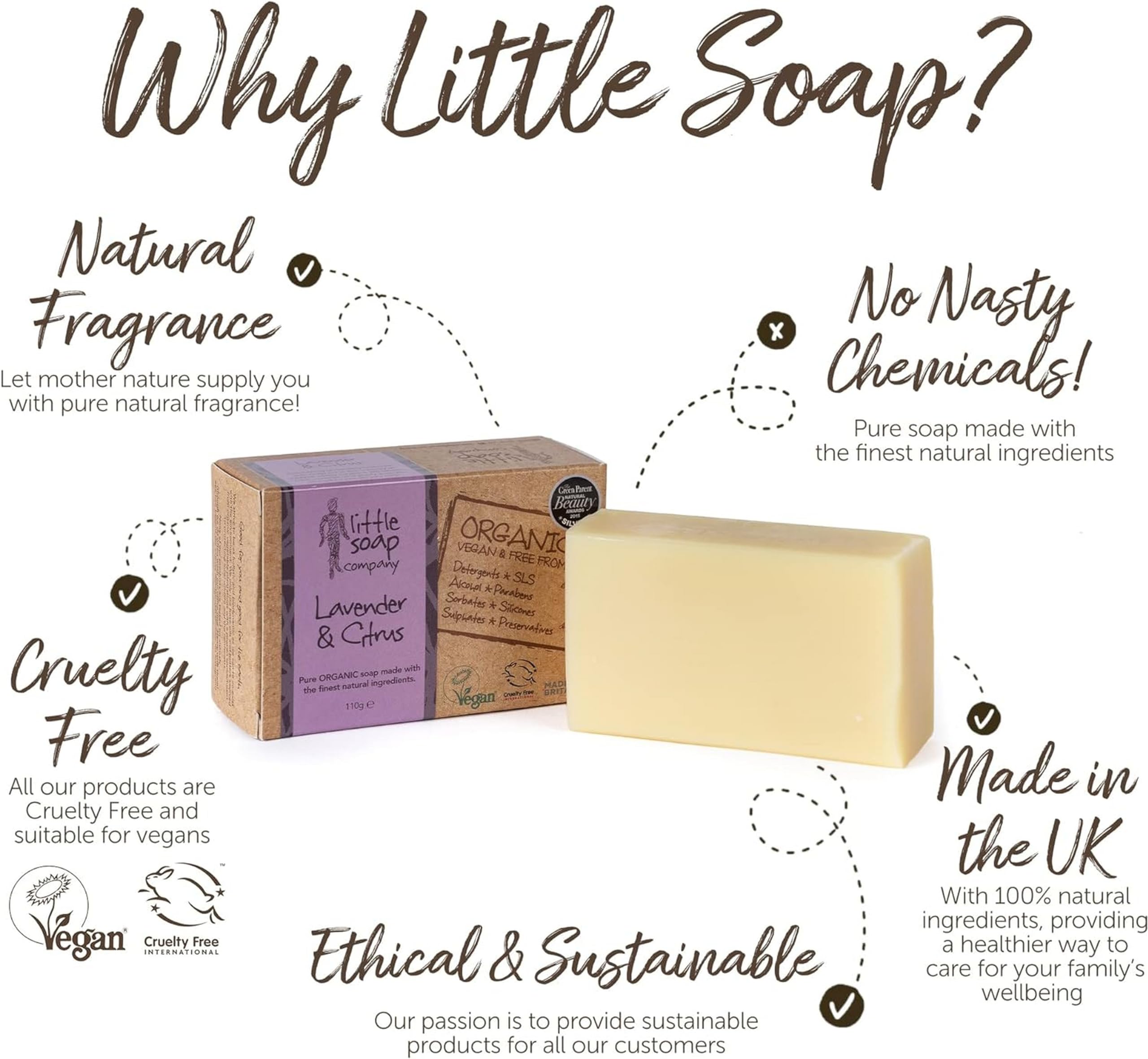 Little Soap Company Bio-Seifenstück – vegan, tierversuchsfrei, ohne SLS oder Parabene, mit englischem Lavendel und Zitrusfrüchten | Natürliche und biologische Körperseife und Handseife (110 g) 5