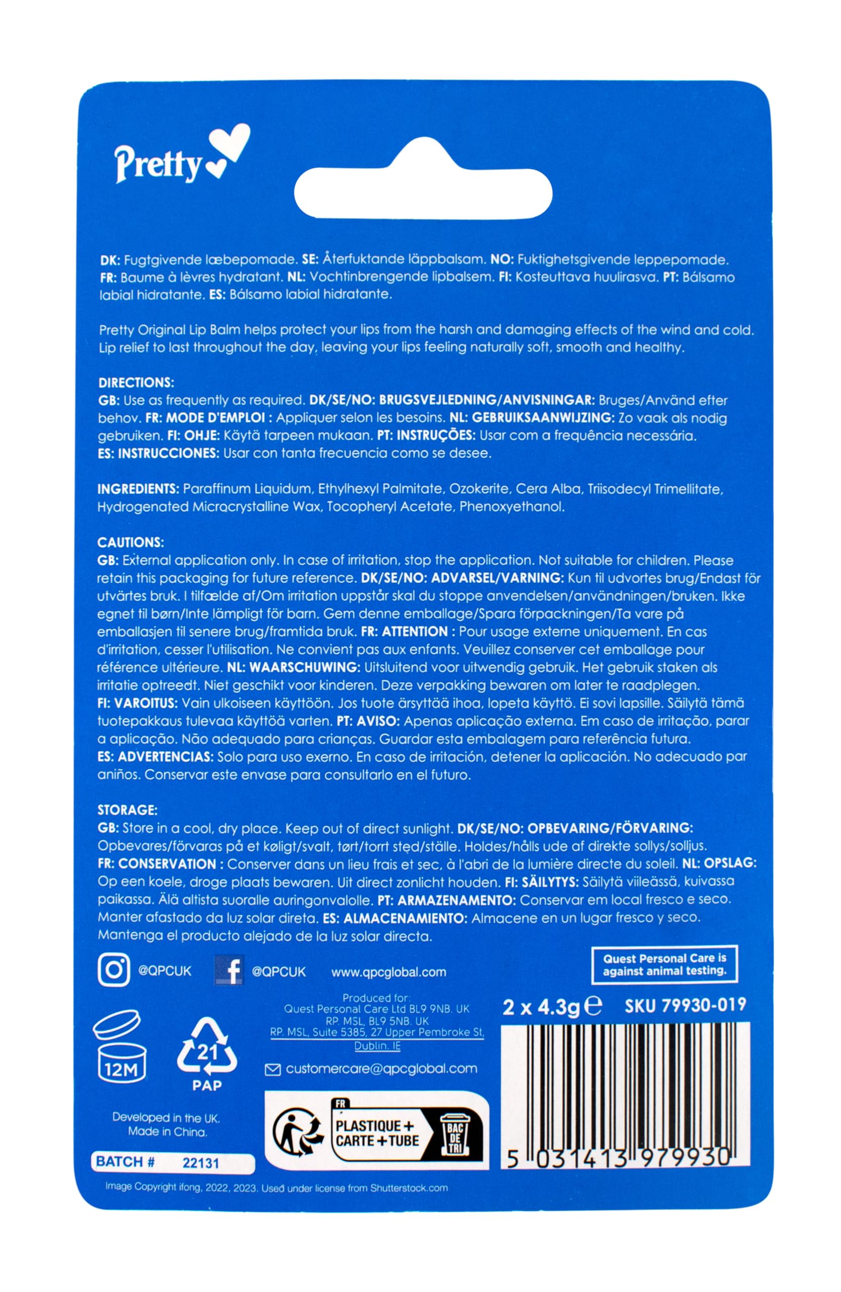 Pretty Moisturising Lip Balm - Original Scent for Dry, Sensitive Lips