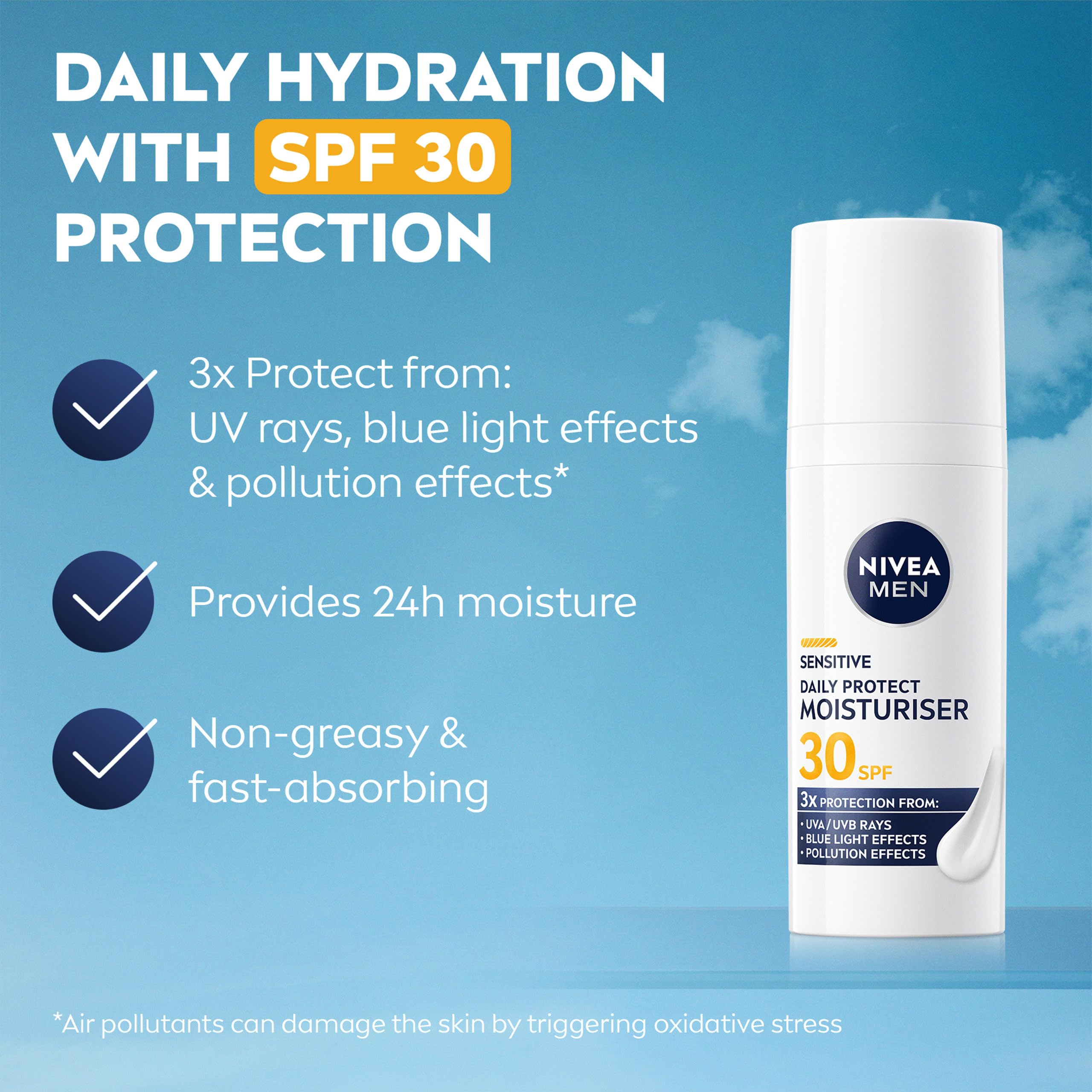 NIVEA MEN Sensitive Daily Protect Moisturiser SPF 30 for Hydration and Triple Protection (50ml)