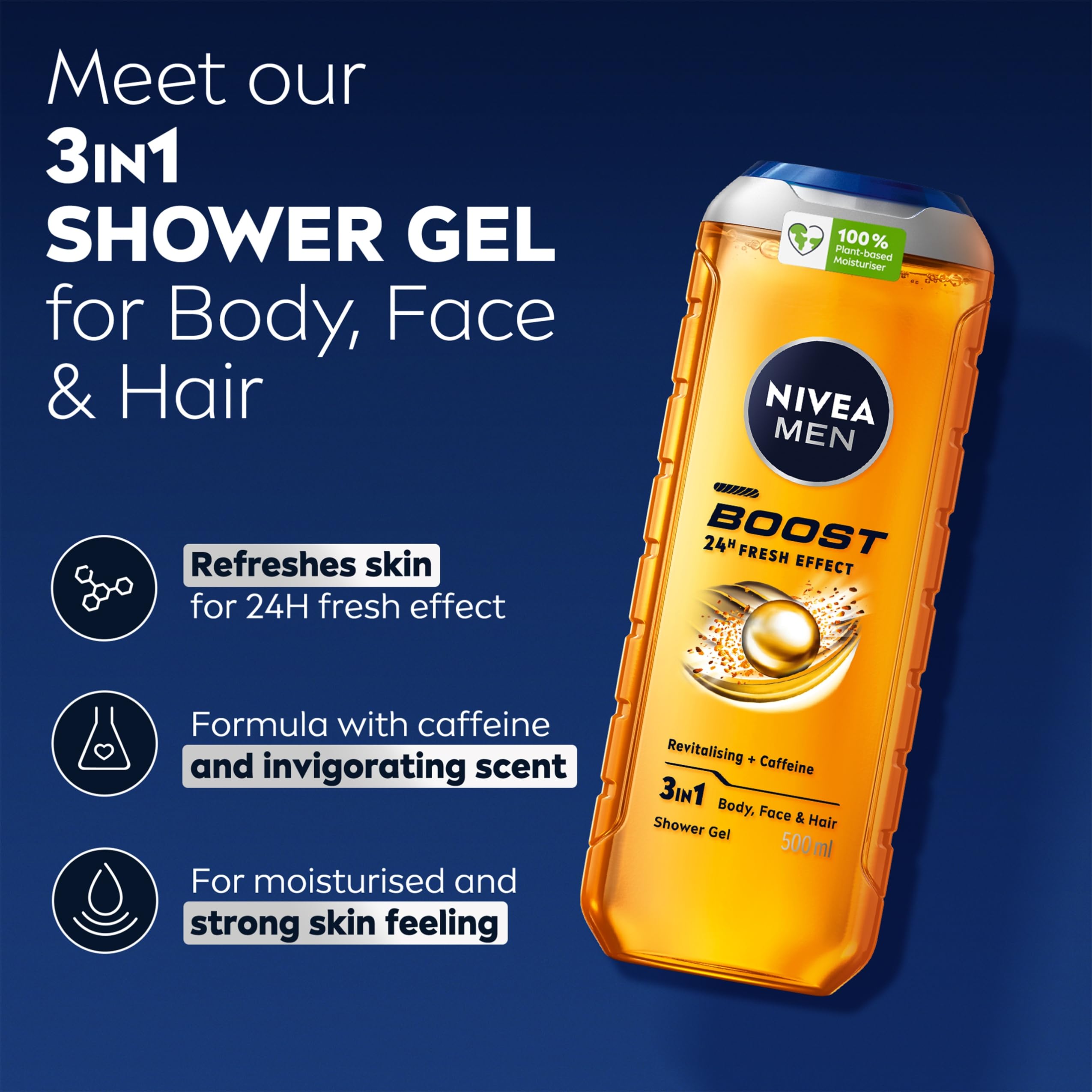 NIVEA MEN BOOST Duschgel (500 ml), Feuchtigkeitsspendendes 3-in-1 Duschgel für Männer mit natürlichem Koffein, revitalisierendes NIVEA MEN Duschgel