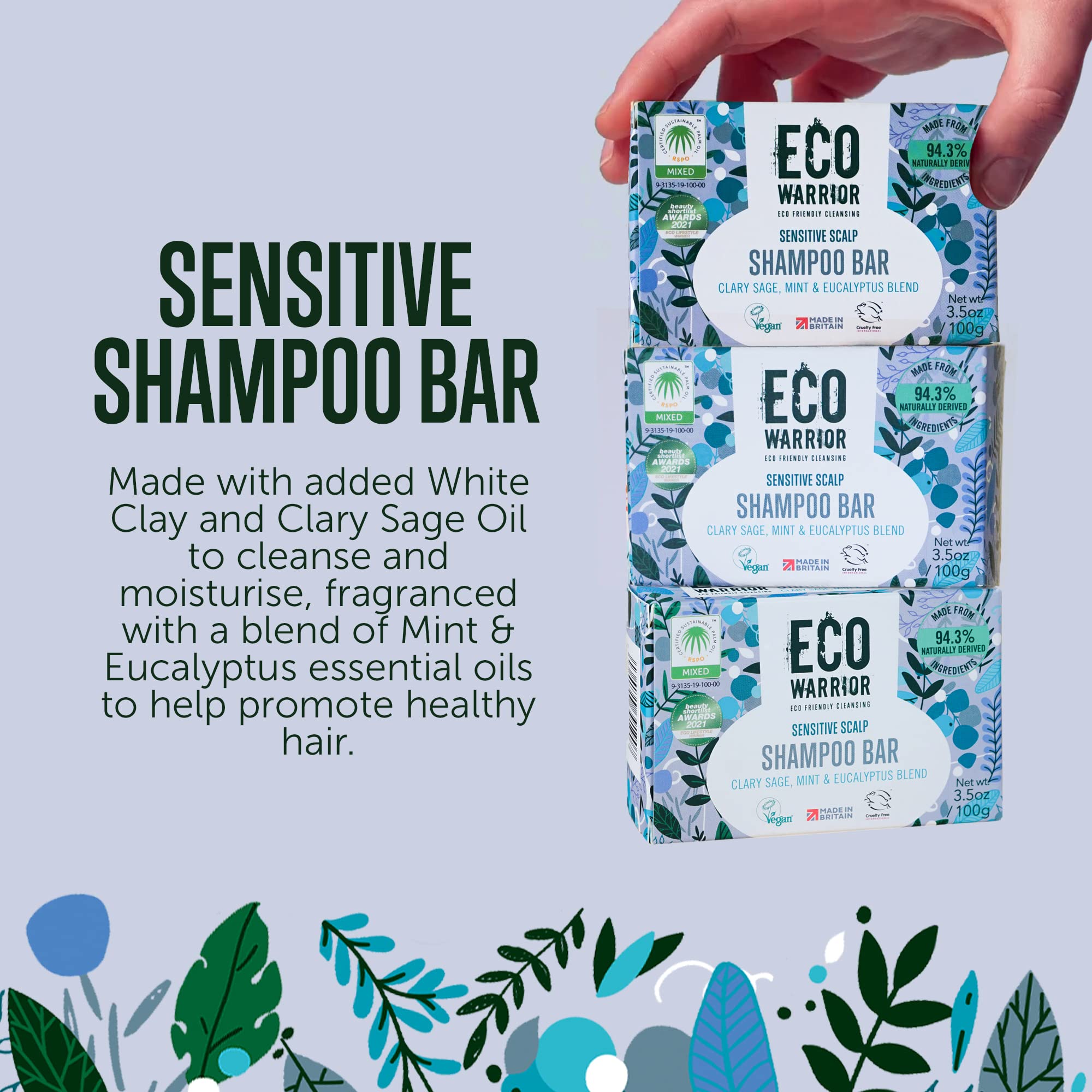 Eco Warrior Sensitive Shampoo Bar – Vegan, tierversuchsfrei, ohne SLS und Parabene, mit tiefenwirksam pflegender weißer Tonerde und Muskatellersalbeiöl, natürlicher Minze und Eukalyptus – Umweltfreundlich, 100 g 5