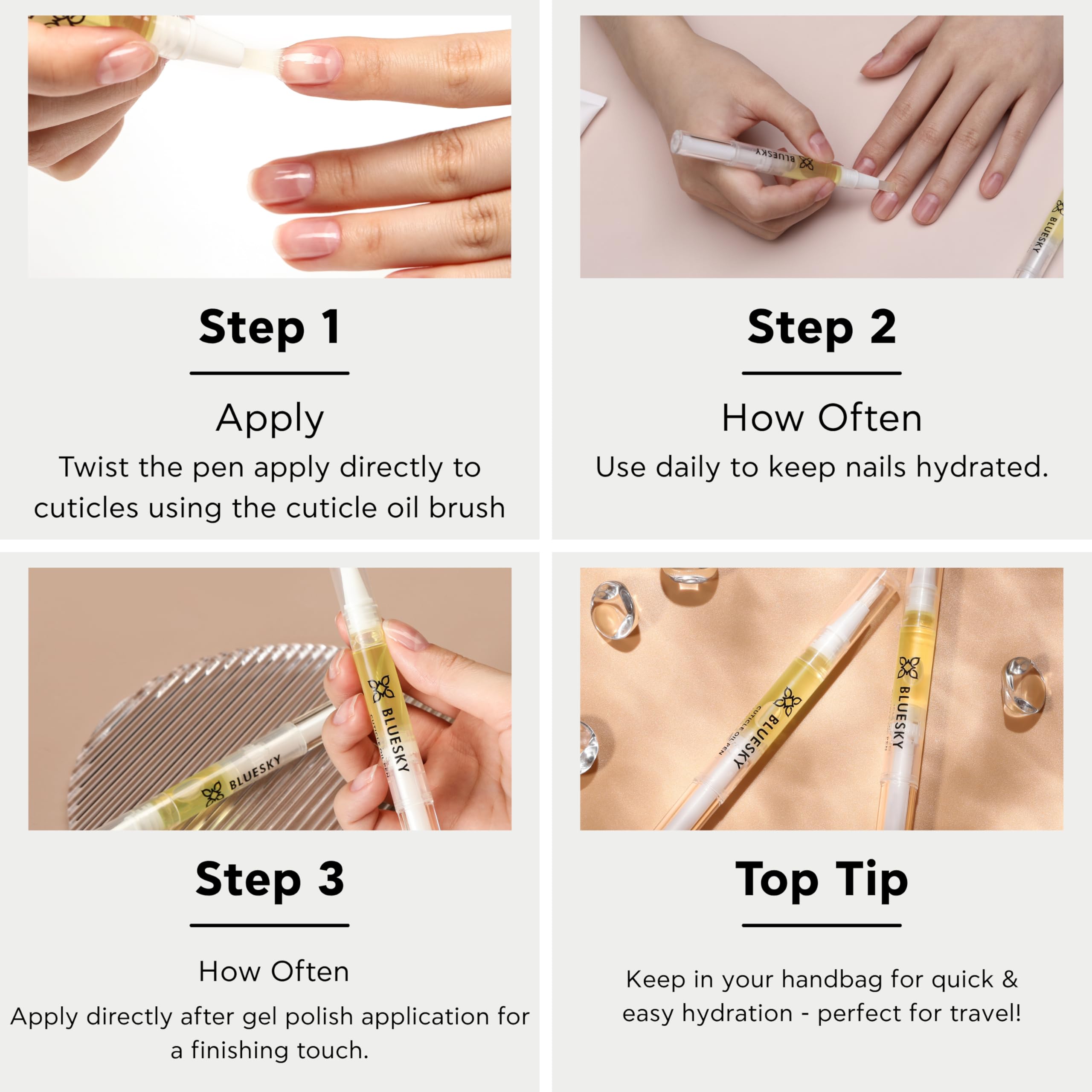 BLUESKY Feuchtigkeitsspendender Nagelhautölstift mit Süßmandel-, Kokosnuss- und goldenem Jojobaöl 5