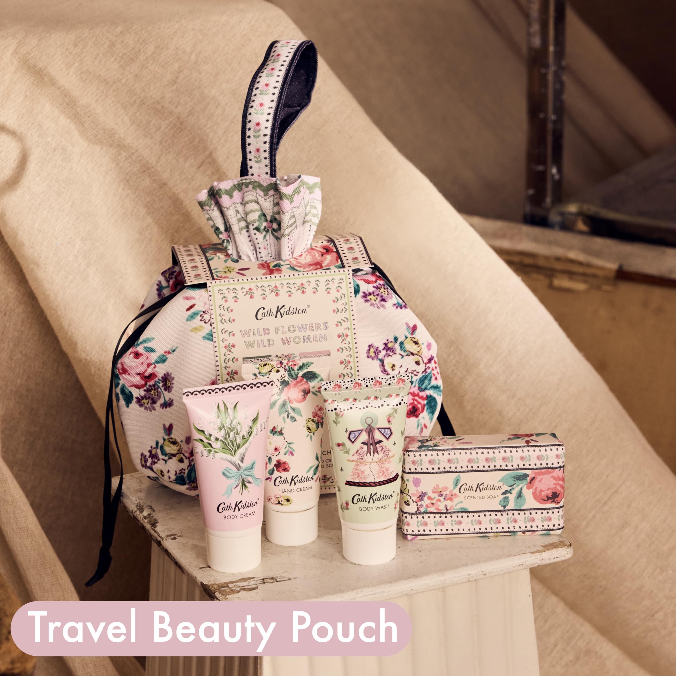Cath Kidston Travel Gift Set: Hand Cream, Body Wash, Body Cream & Soap with Yuzu & Sage Scent