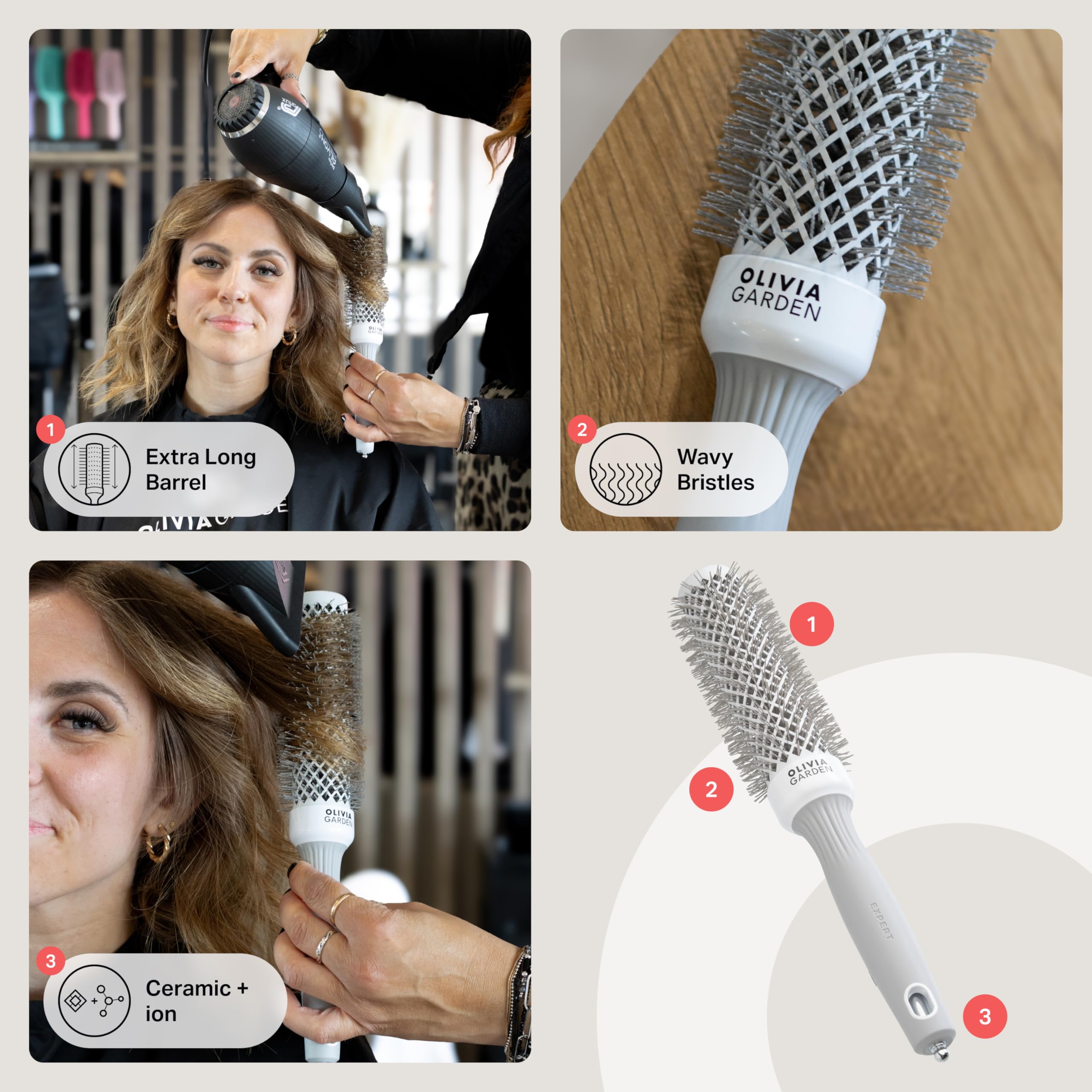 Olivia Garden Expert Blowout Speed ​​– Weiß &amp; Grau – 35 – Keramikbeschichtete Rundbürste mit extra langem Bürstenkörper für 25 % schnelleres Föhnen 3