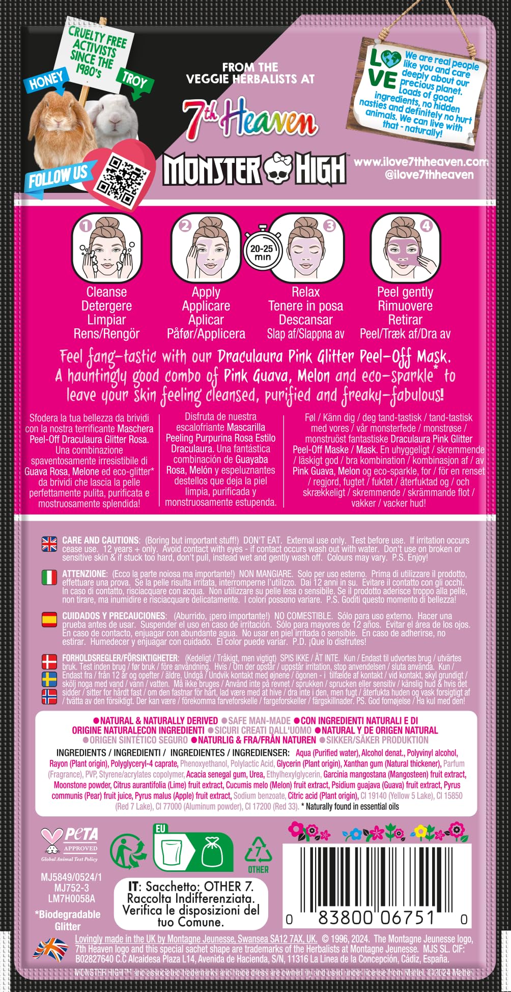 7th Heaven Monster High Draculaura Pink Glitter Peel Off Face Mask with Pink Guava 4