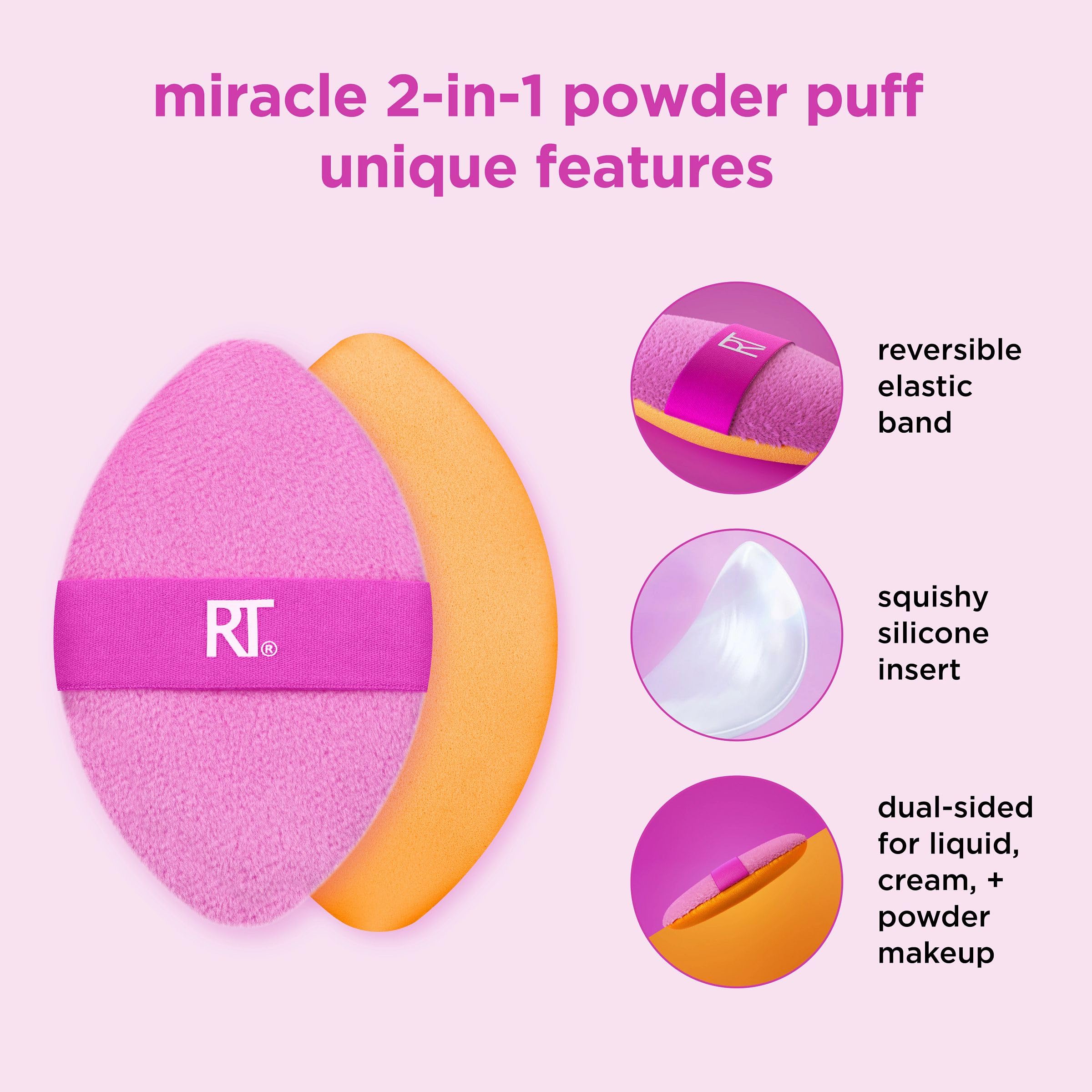 Real Techniques Miracle 2-in-1 Puderquaste, doppelseitig, in Originalgröße, mit wendbarem Gummiband, Präzisionsspitze, für flüssige, cremige und pudrige Produkte, 1 Stück 5