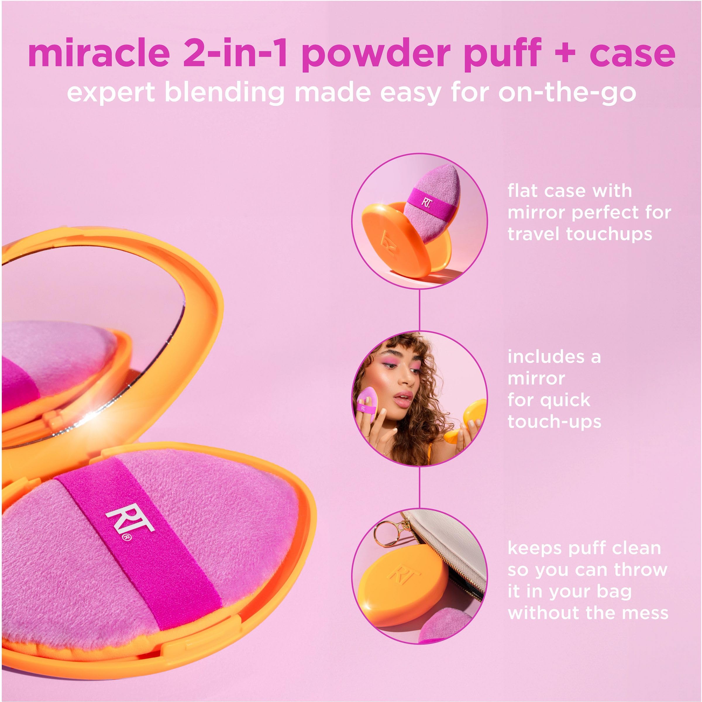 Real Techniques Miracle 2-in-1 Puderquaste + Reiseetui, doppelseitiger Make-up-Schwamm zum Verblenden, elastisches Band, Präzisions-Make-up-Schwamm und Puderquaste, für flüssige, cremige und pudrige Produkte, Reiseetui, 2 Stück 4